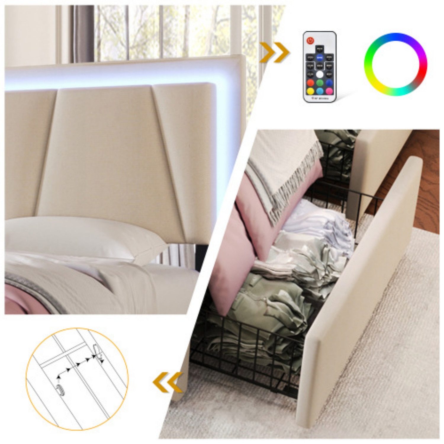 ANYSUN Polsterbett 140 × 200 cm, mit Stauraum und LED, höhenverstellbares Kopfteil (1 Bettgestell inkl. Holzlattenrost und 4 Schubladen, ohne Matratze), Doppelbett, 4 Schubladen auf Rollen, Holzlattenrost