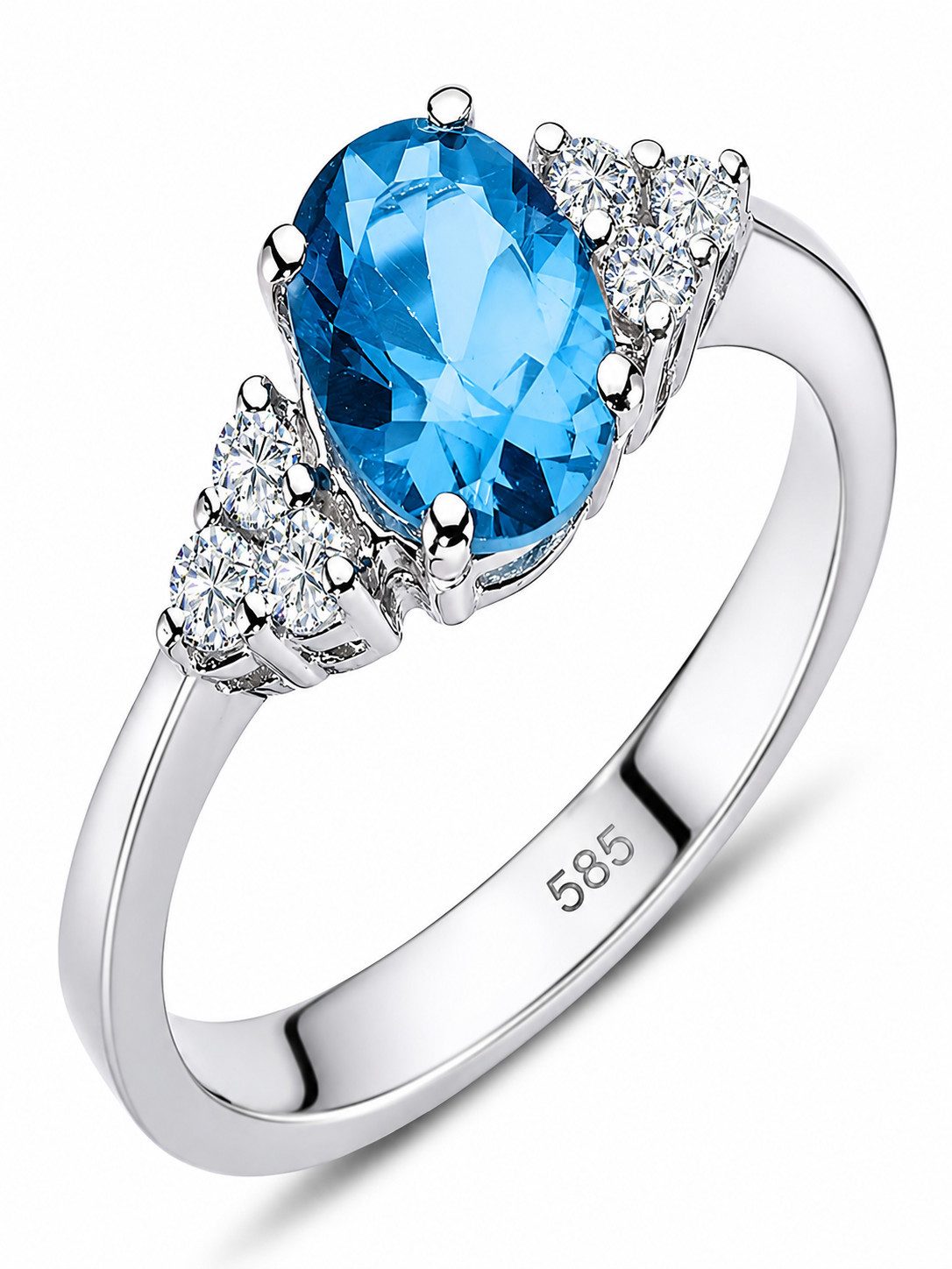 EinStein Diamant Diamantring Halo Diamant Oval Blauer Topas Ring 14 Karat Weißgold, Halo Diamant Oval Blauer Topas Ring 14 Karat Weißgold