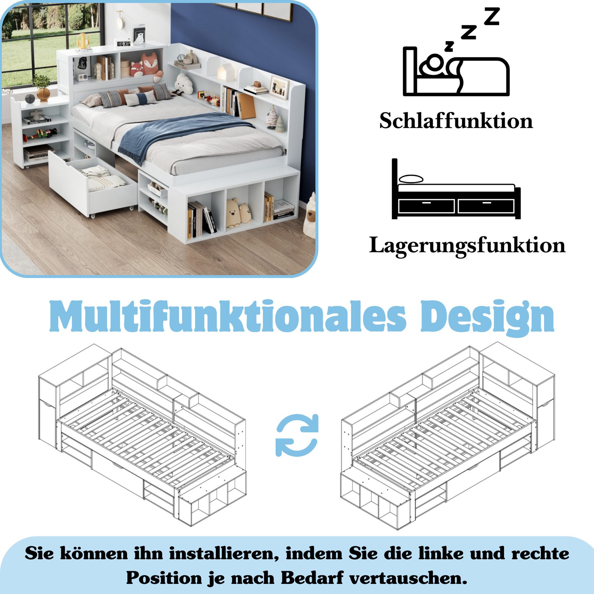 Ulife Kinderbett 90×200 & 140×200 cm mit Stauraum, L-förmiges Schlafsofa (Ohne Matratze), mit Schubladen, Bücherregal und Stauschrank, 90x200cm – Bild 5 von 5