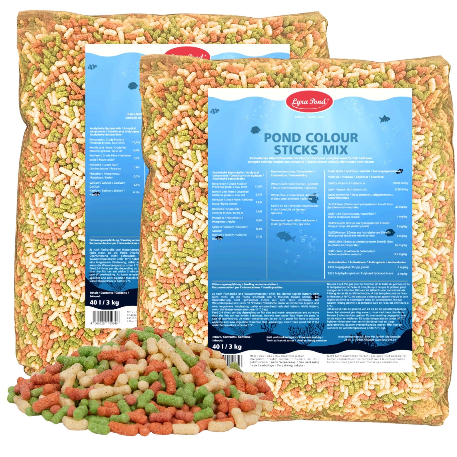 Lyra Pet 2 x 40 Liter (6 kg) Lyra Pond® Pond Colour Sticks Koi Mix Teichfutter, Hauptfutter für: Fisch