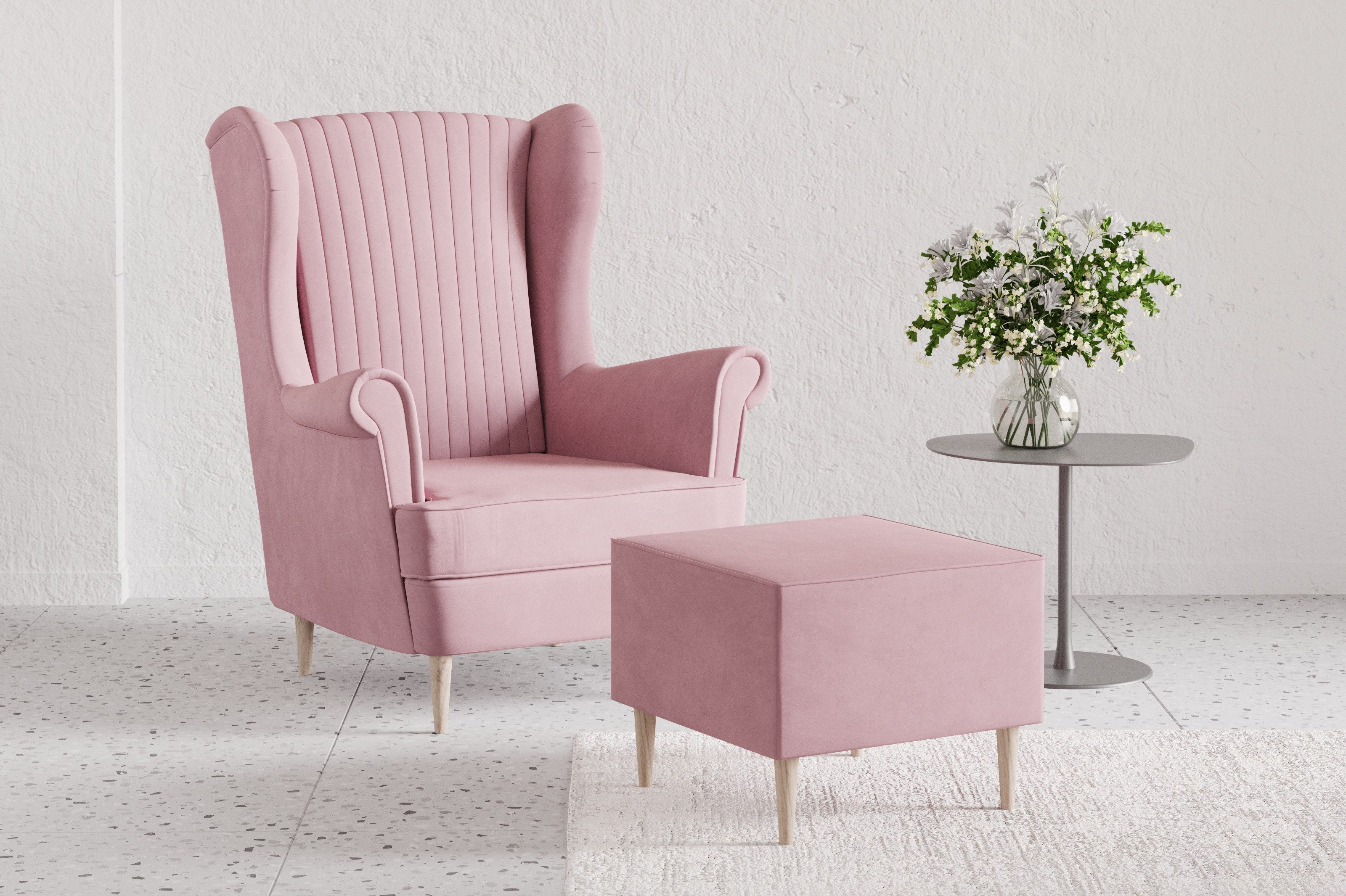 MOEBLO Ohrensessel COMFY SESSEL mit oder ohne Hocker (Polstersessel aus Samtstoff Wohnzimmersessel mit/ohne Hocker Ohrenbacksessel), Sessel mit optionalem Hocker