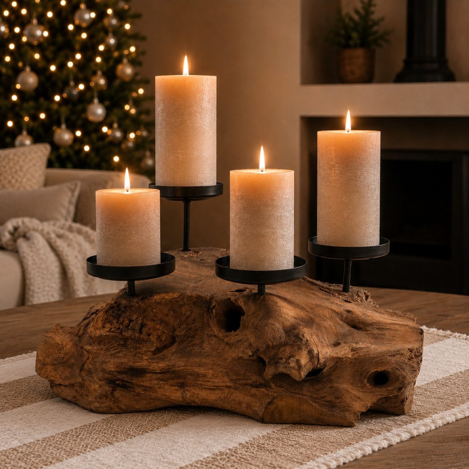 Online-Fuchs Adventskranz aus Wurzelholz mit schwarzen Stumpen Kerzenhaltern - Weihnachstdeko, natürliche Gemütlichkeit und rustikaler Charme - 38 cm groß