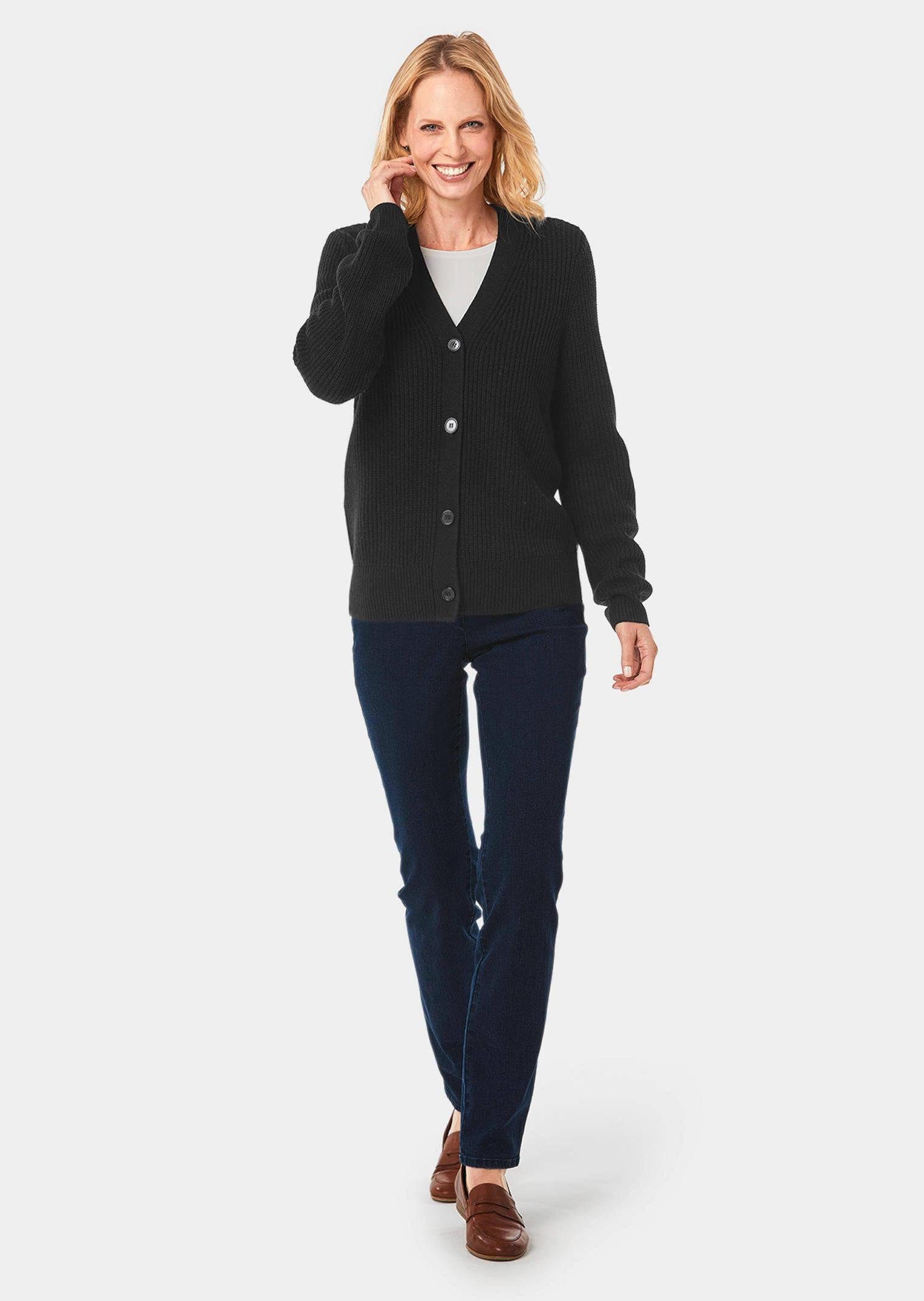 GOLDNER Strickjacke Elegante Strickjacke mit V-Ausschnitt Kurzjacke mit Rippstruktur, Knopfleiste und Langarm