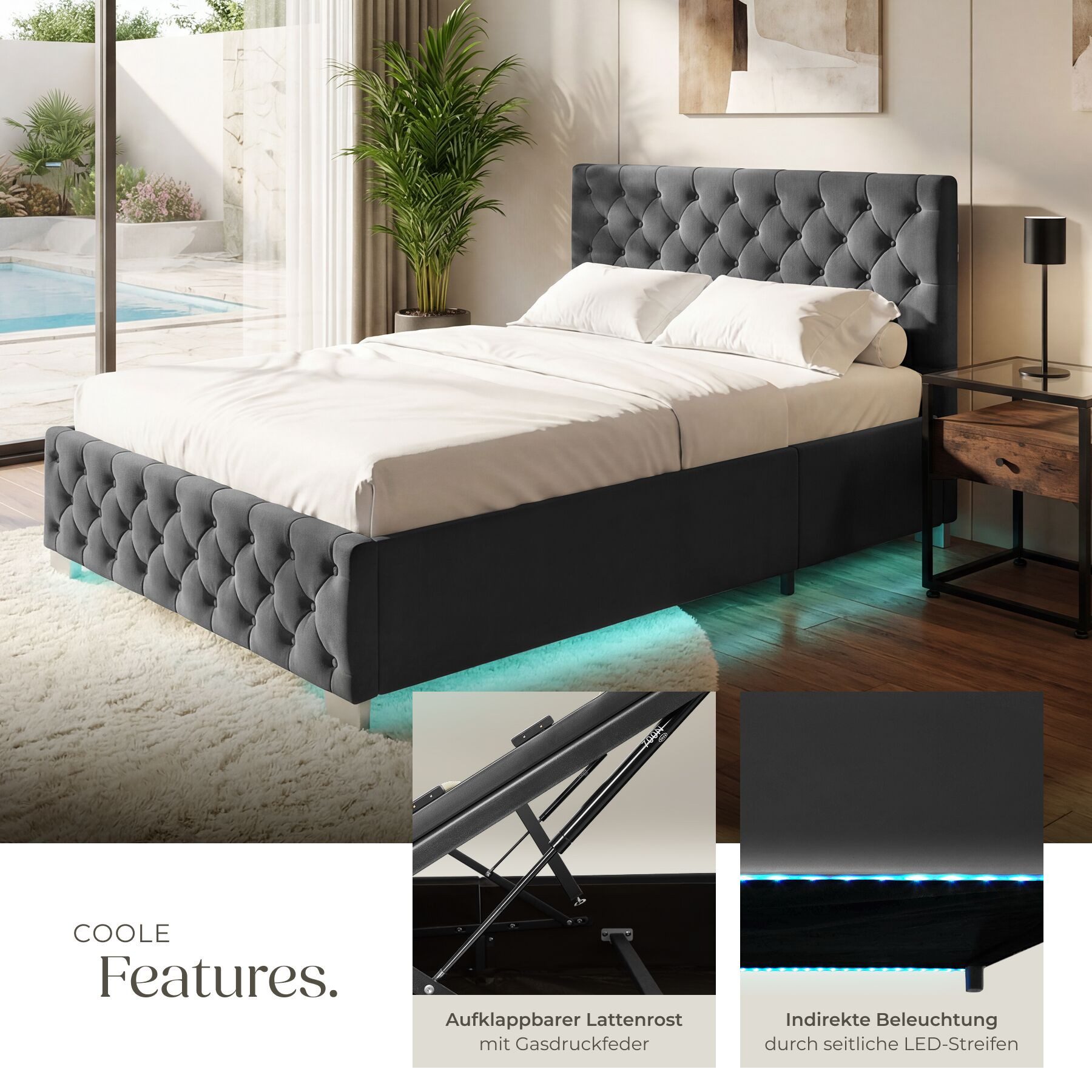 tectake Polsterbett Komfortbett mit LED-Leisten & Stauraum - Samtoptik mit Steppmuster (Bettset, in Samtoptik Schwarz), stabiler Stahlrahmen, Belastbarkeit 300 kg