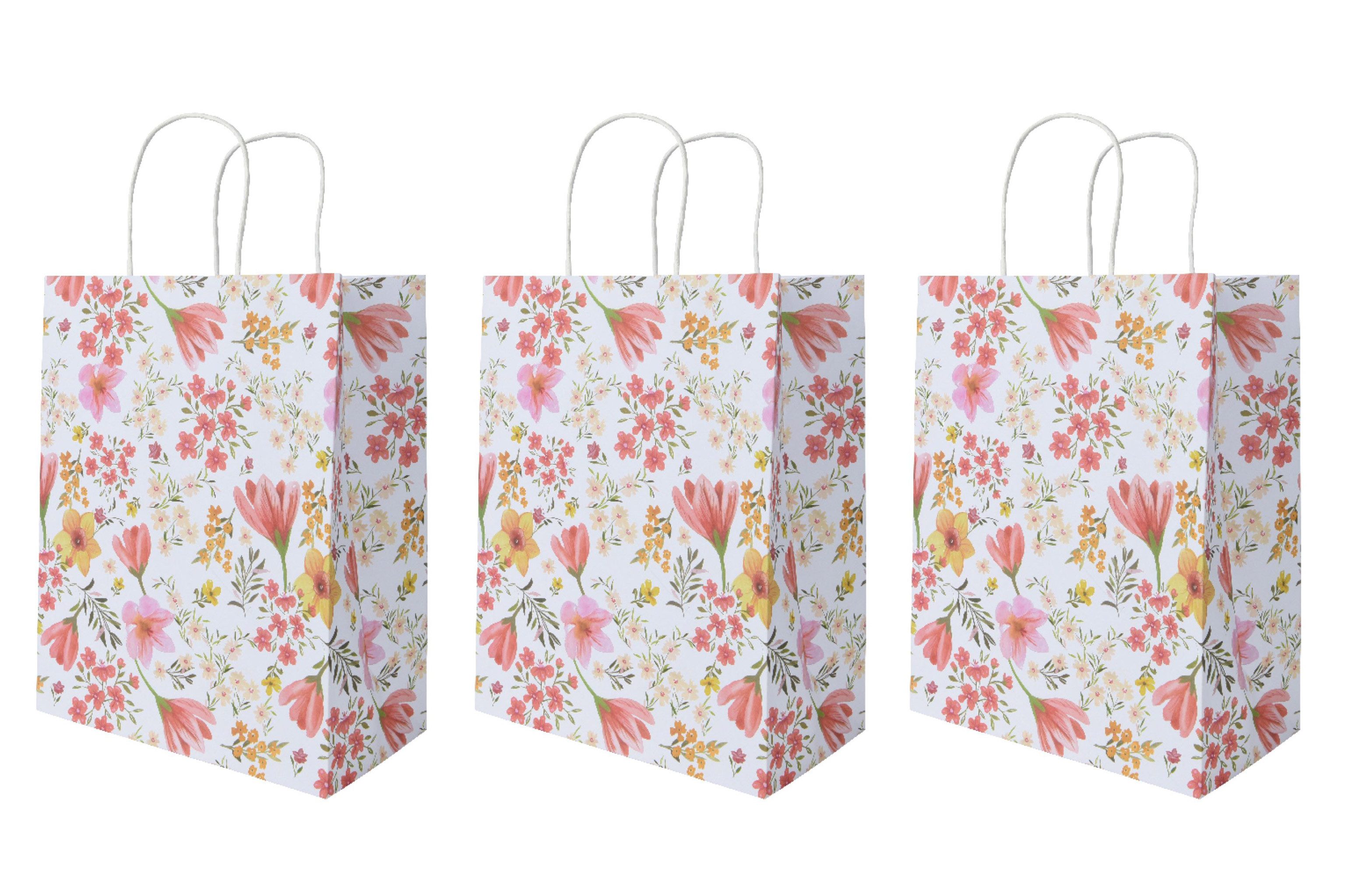 Decoris season decorations Aufbewahrungstasche, Geschenktüten 26x13x32cm mit Henkel und Blumenmotiv 3er Pack Weiß