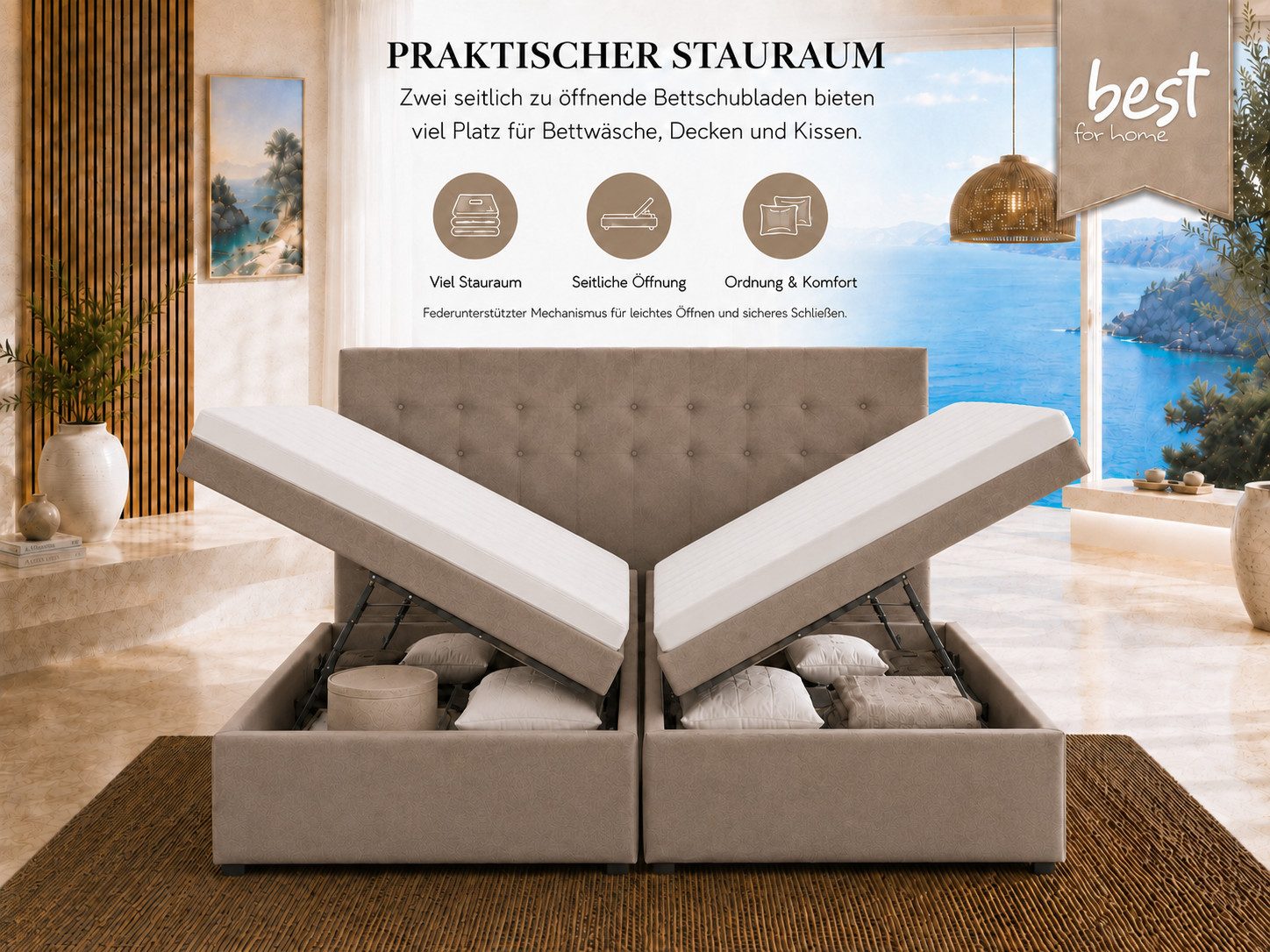 Best for Home Boxspringbett Polsterbett mit 7-Zonen-Taschenfederkernmatratze und Schubladen (Komplettset (Boxspringbett inkl. 2 Matratzen, Topper & Stauraum-Sch – Bild 2 von 5