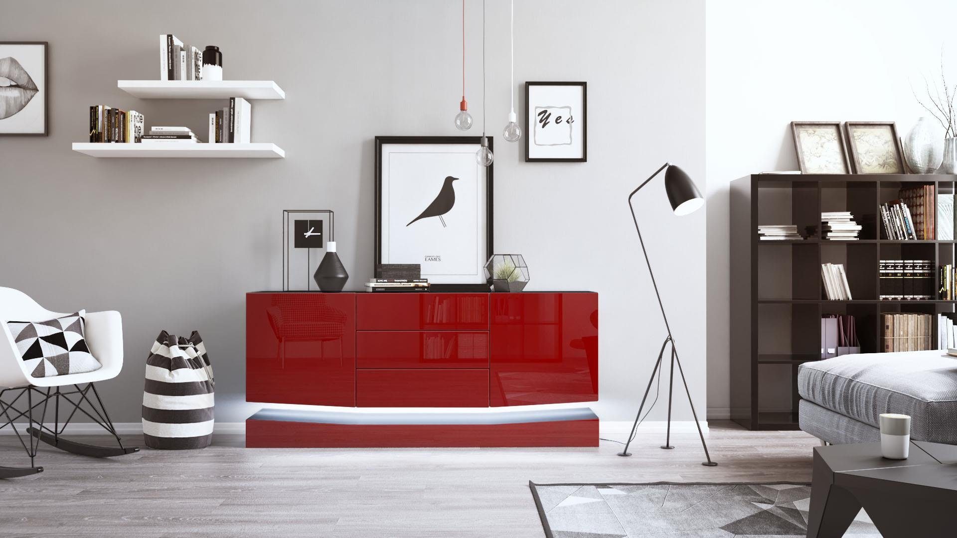 Vladon Sideboard City (Kommode mit 2 Türen, und 3 Schubladen inkl. LED-Beleuchtung), Schwarz matt/Bordeaux Hochglanz (178 x 72 x 38 cm)