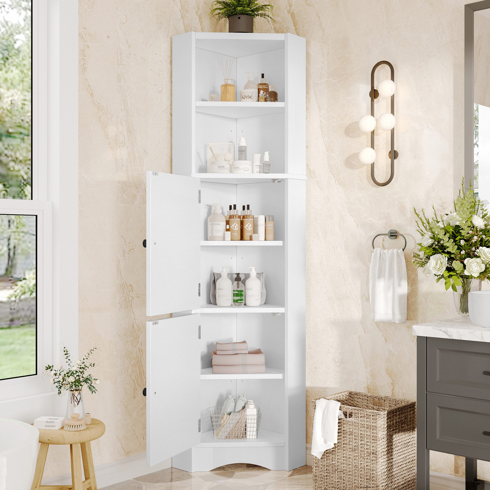 Merax Badkommode Eckschrank Hochschrank mit verstellbaren Regalböden (1 St., Mehrzweckschrank 51.7x32x155.4cm), Dreieckiger Badezimmerschrank mit 2 offenen Fächern und 2 Türen