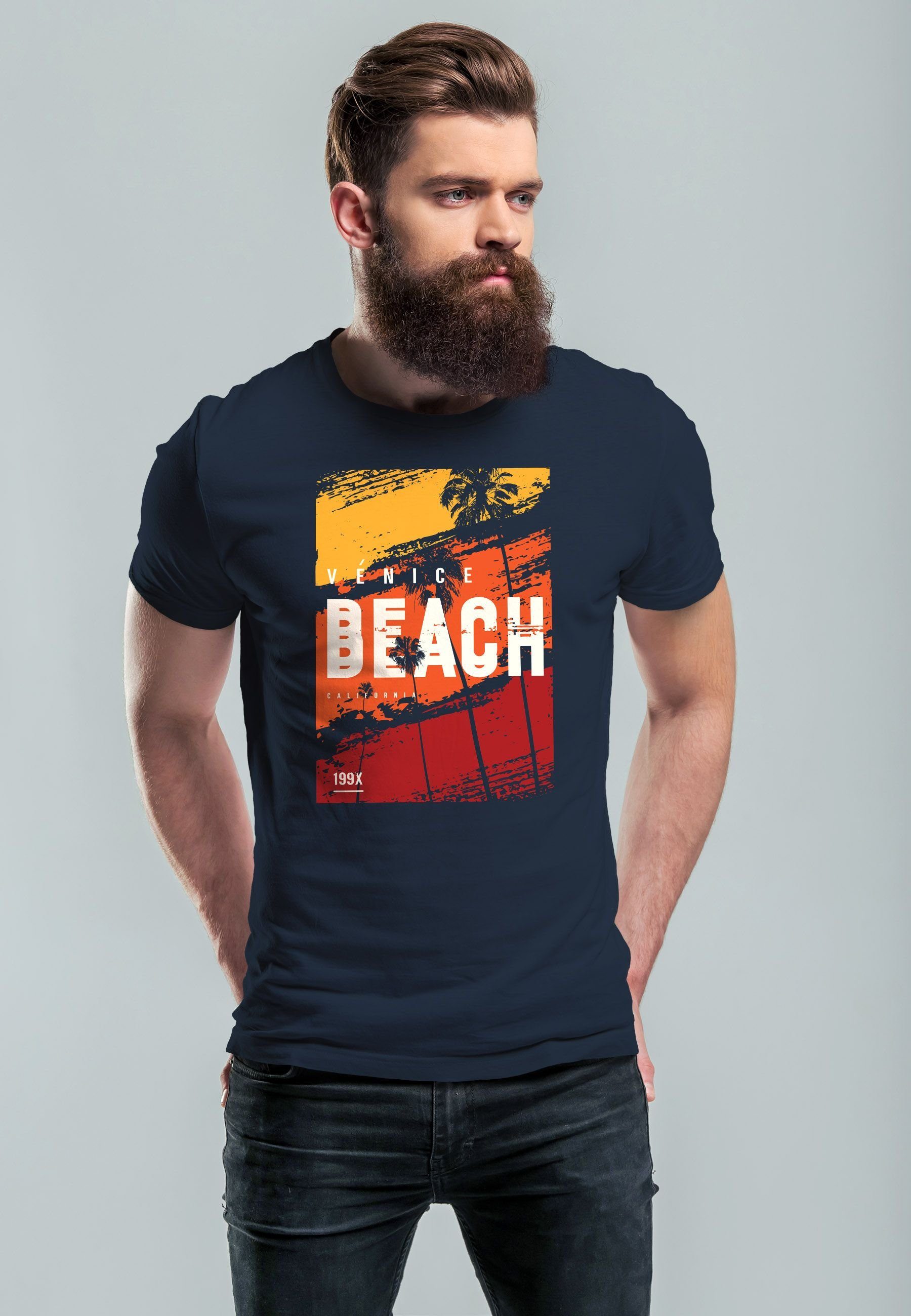 Neverless navy Sommer Motiv Strand Palme Print Surfing Beach mit T-Shirt Herren Venice Print-Shirt Aufdruck