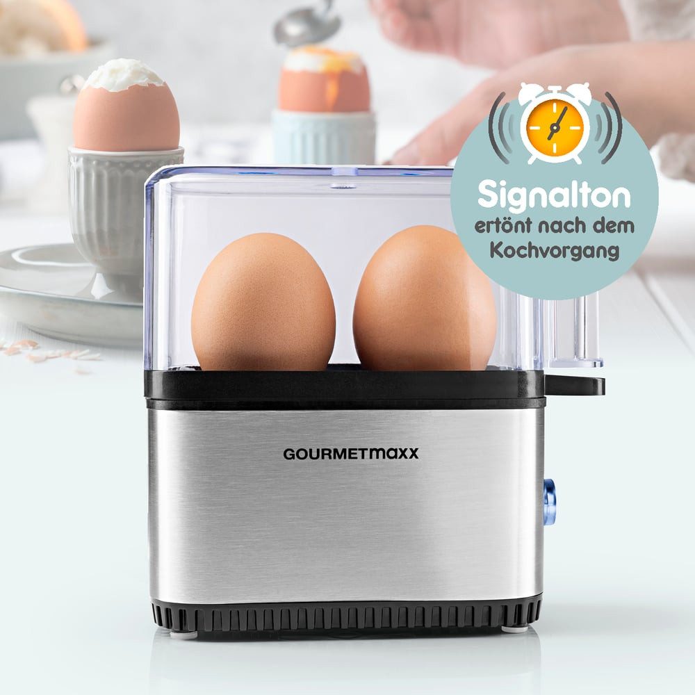 GOURMETmaxx Eierkocher kompakt für 2 Eier, 250 W, für perfekte Frühstückseier,  mit Messbecher & Ei-Pick
