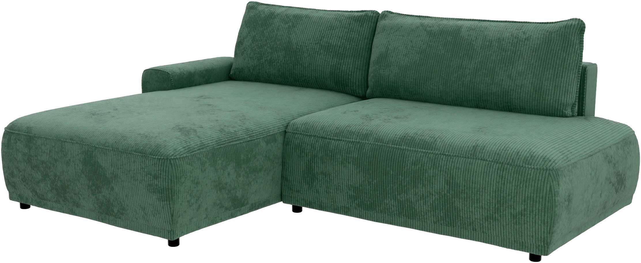 TRENDMANUFAKTUR Ecksofa Fordon II, Schlafsofa mit Bettkasten, Couch in L-Form, Breite 250 cm, in Cordstoff HYPER, dunkelgrün, Armlehne links