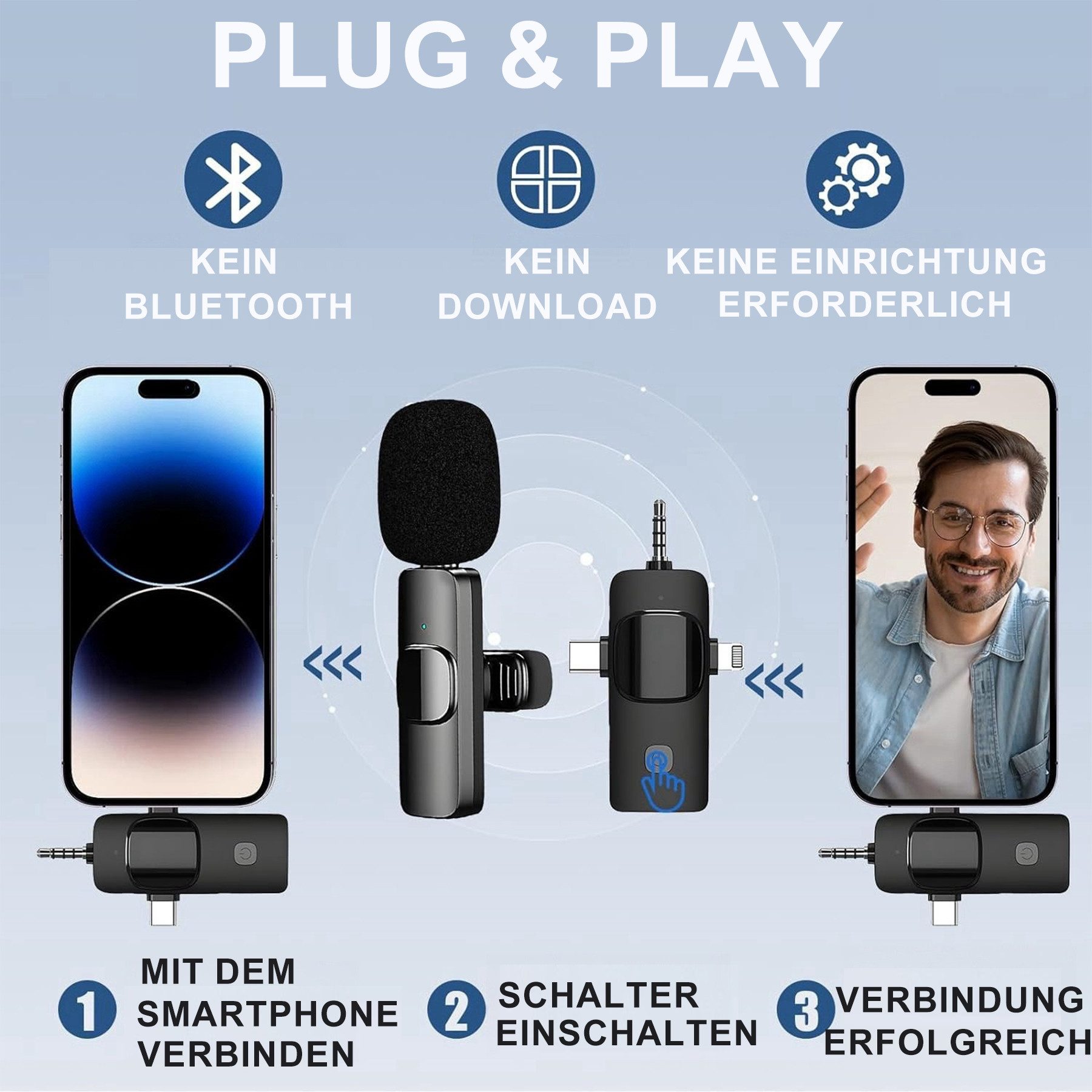 Senmudi Mikrofon Kabelloses Lavalier Mikrofon für Handy/iPhone/Computer/Kamera (Rauschunterdrückung, Plug-Play Clip on Bändchen-Mikrofone, 3-tlg), für Live, Videoaufnahmen, Interviews im Freien oder Innenbereich, Vlog