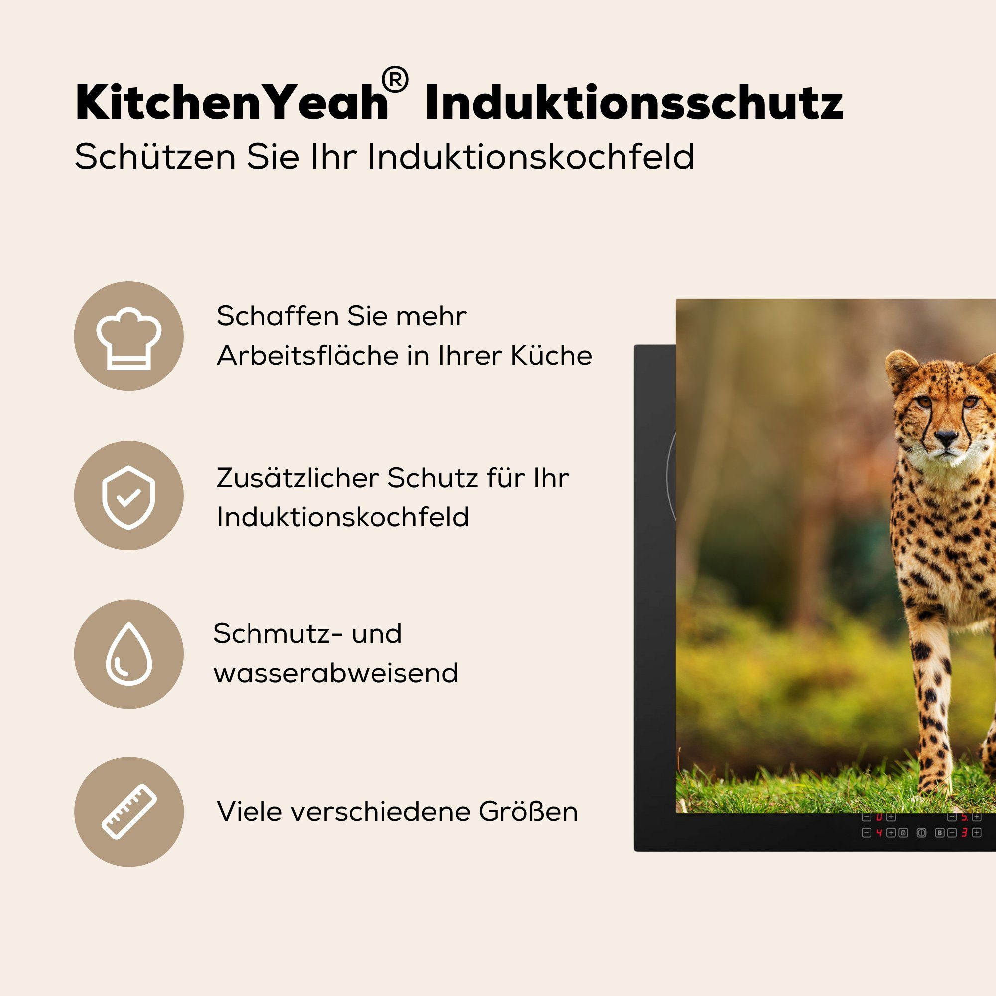 MuchoWow Herdblende-/Abdeckplatte Wildtiere - Gras Leopard Ceranfeldabdeckung, - 81x52 Vinyl, cm, für Arbeitsplatte küche - Natur, (1 tlg)