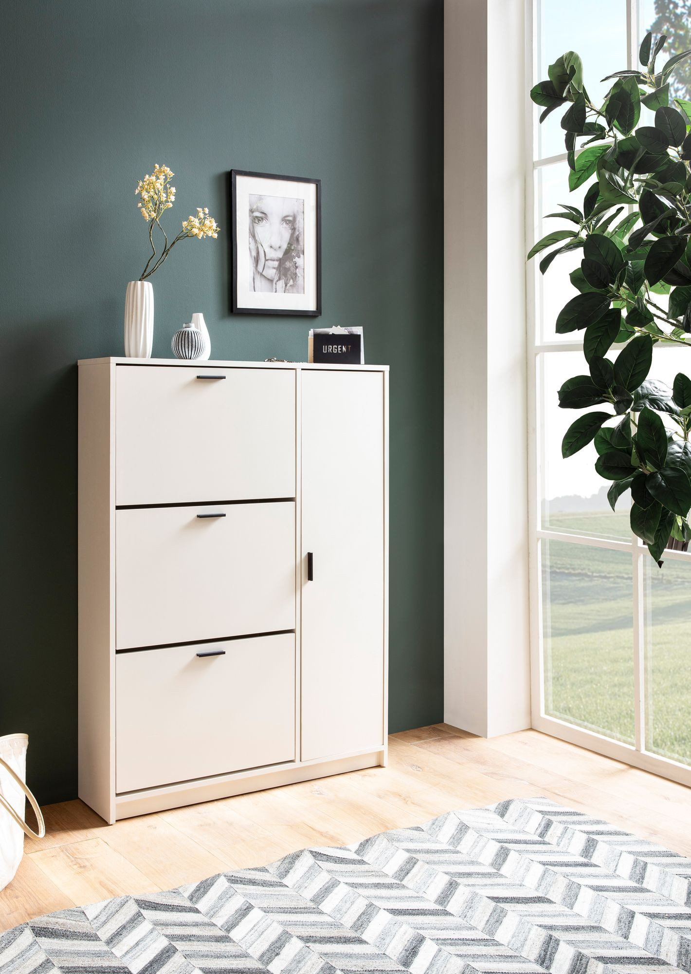 Wohnling Schuhschrank WL6.868 Garderobe Weiß Schuhkipper Schuhkommode Flurschrank Moder (Schuhkipper Weiß 90x120x24 cm Geschlossen) Flurkommode, Schuhregal Flurschrank mit Ablage