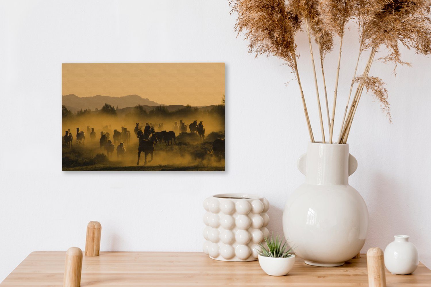OneMillionCanvasses® Orange, Aufhängefertig, 30x20 St), Pferde Wanddeko, Nebel Leinwandbild (1 - Leinwandbilder, cm - Wandbild