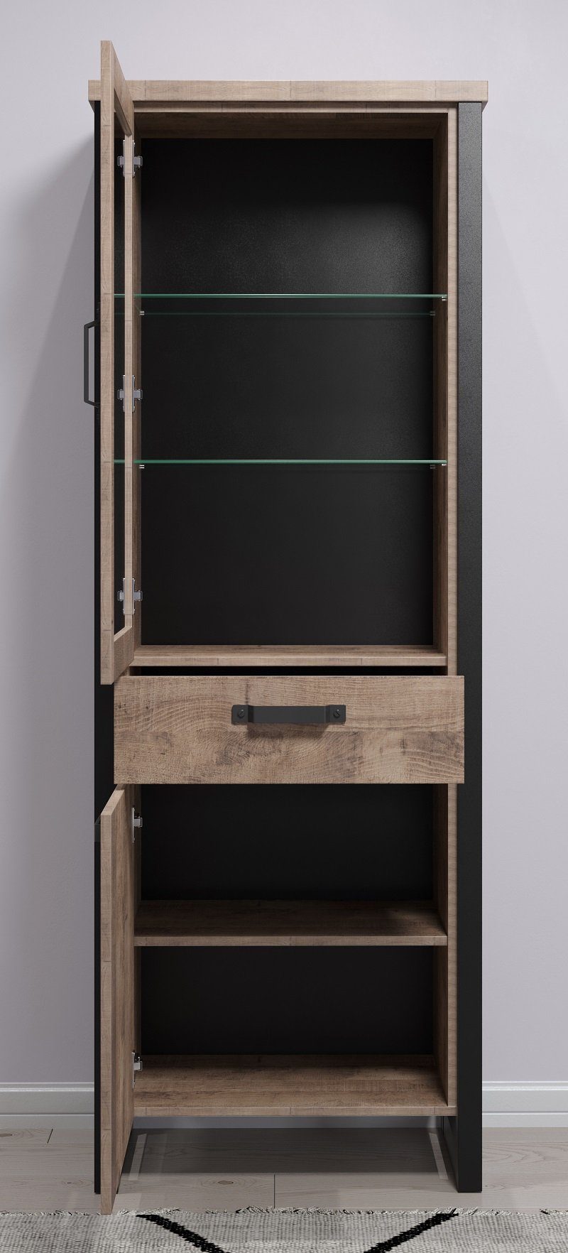 trendteam Vitrine Vitrine Hochschrank Emile klein, Eiche Tabak / Schwarz (no-Set)