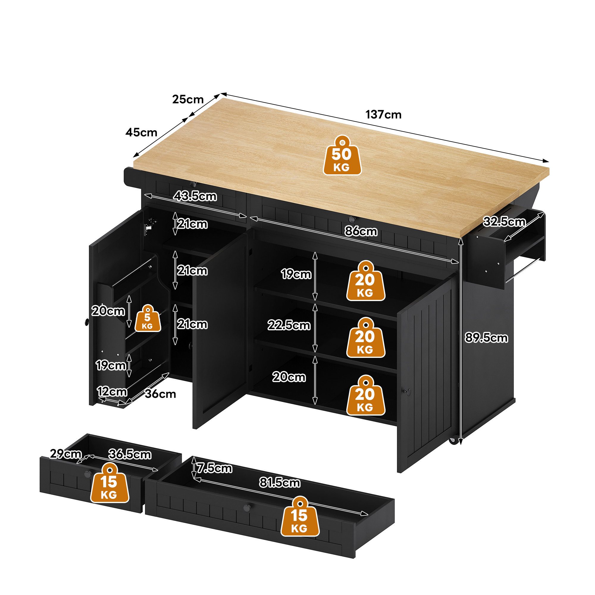 Flieks Küchenwagen Kücheninsel mit erweiterbarer Arbeitsplatte, Türregal und Rollen, (1 St), Servierwagen Küchenschrank Buffetschrank mit Schubladen Schwarz – Bild 5 von 5
