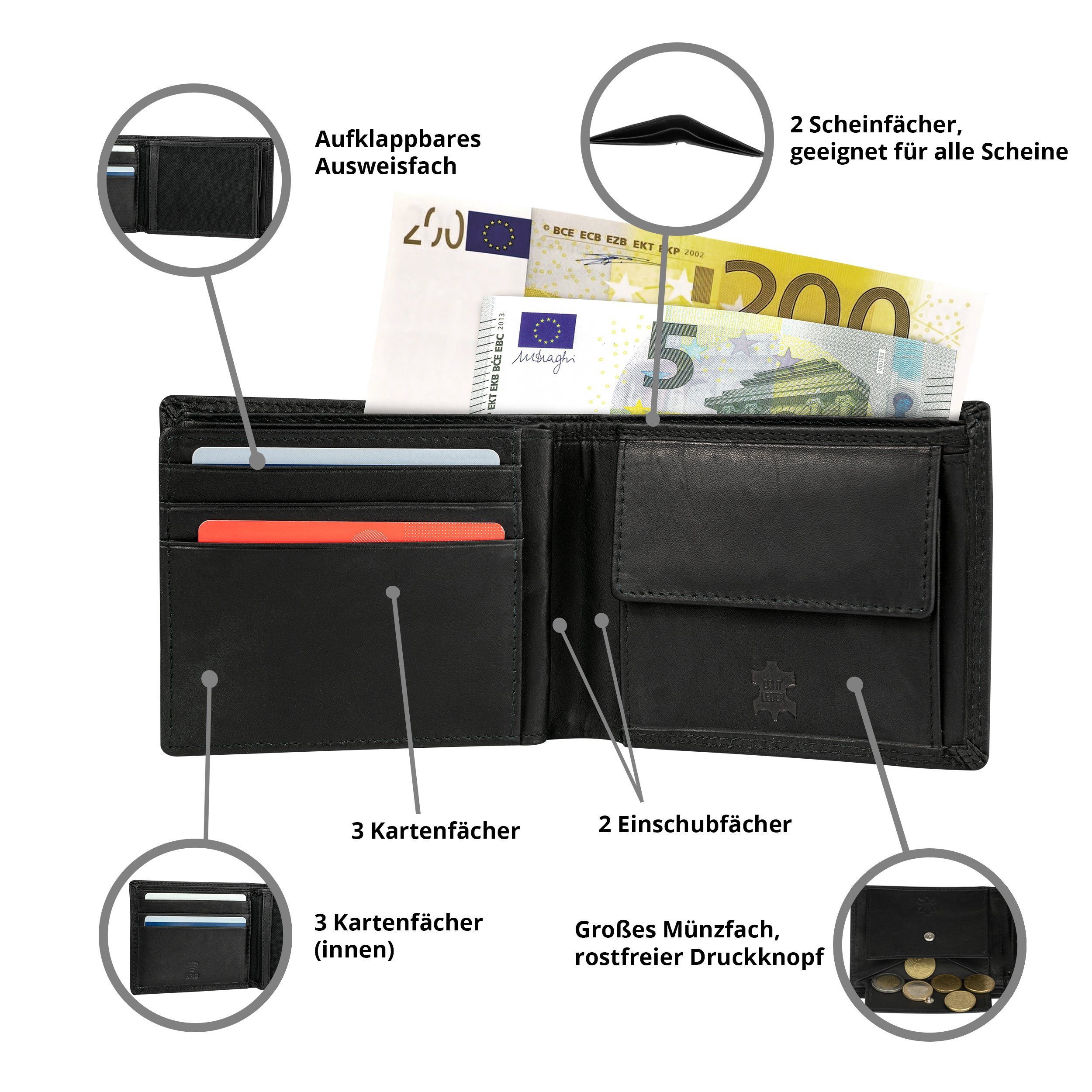 Echt-Leder Geldbörse Portemonnaie GN23 Herren MOKIES (querformat), 100%