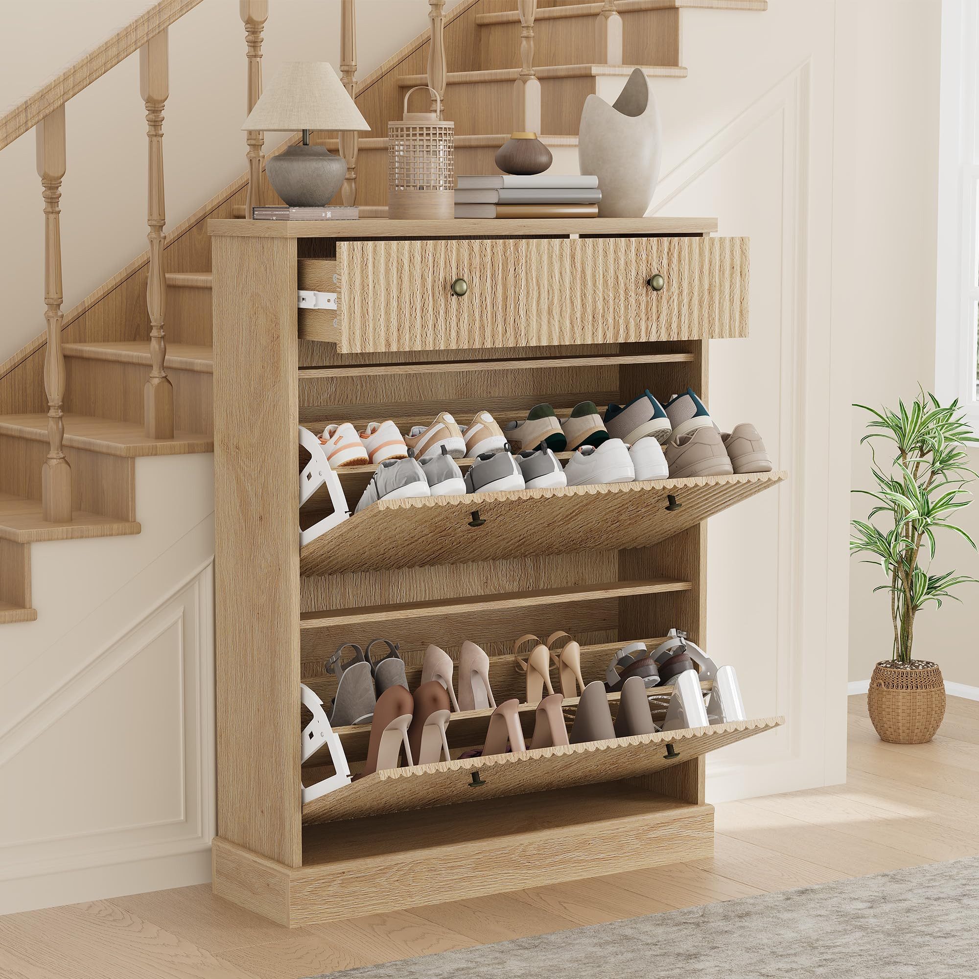 GarveeMore Schuhschrank Moderner Rillenprofil mit 2 Klappschubladen und oberer Schublade (1-St) (B80/T25/H107 cm) Schuhregal für 12–16 Paar Schuhe, für Flur und Diele