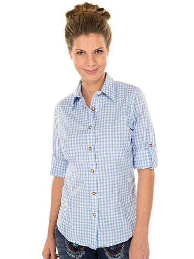 OS-Trachten Trachtenbluse Trachtenbluse CHECKERED Langarm Stick hellblau