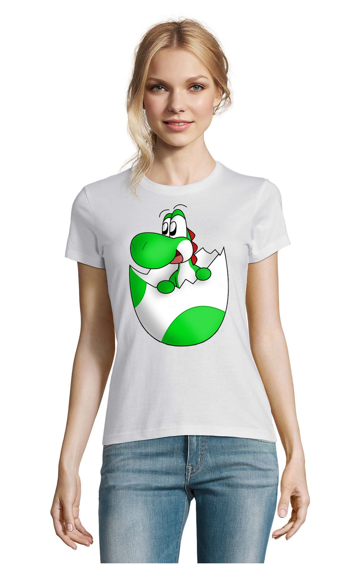 Blondie & Brownie T-Shirt Damen Konsole Gaming Nintendo Mario Spiel Baby Yoshi Ei Weiss