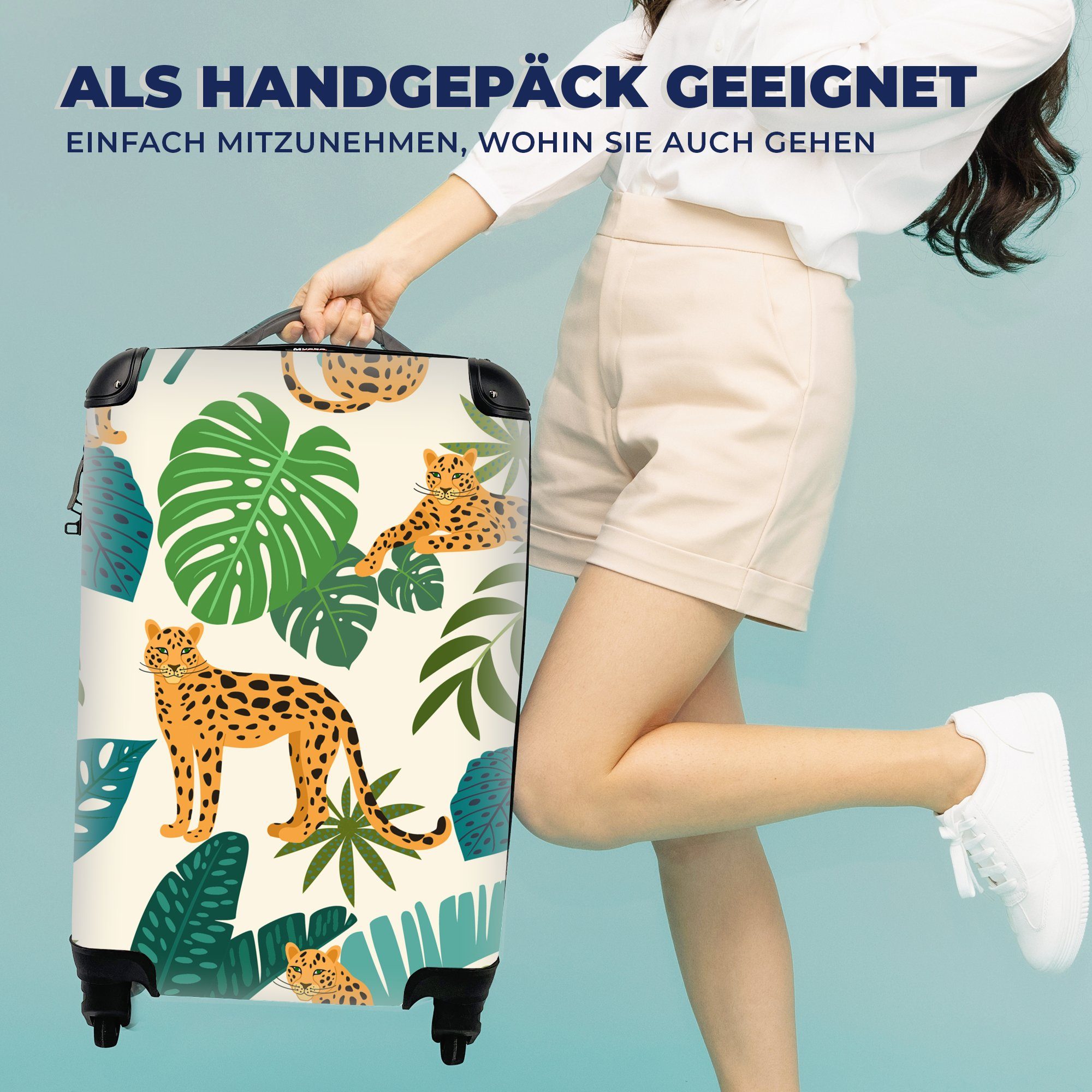 MuchoWow Handgepäckkoffer Dschungel - Pflanzen für Jungen, 4 - Leopard Reisetasche - Ferien, - Handgepäck Trolley, Muster mit Rollen, Reisekoffer rollen, - Mädchen