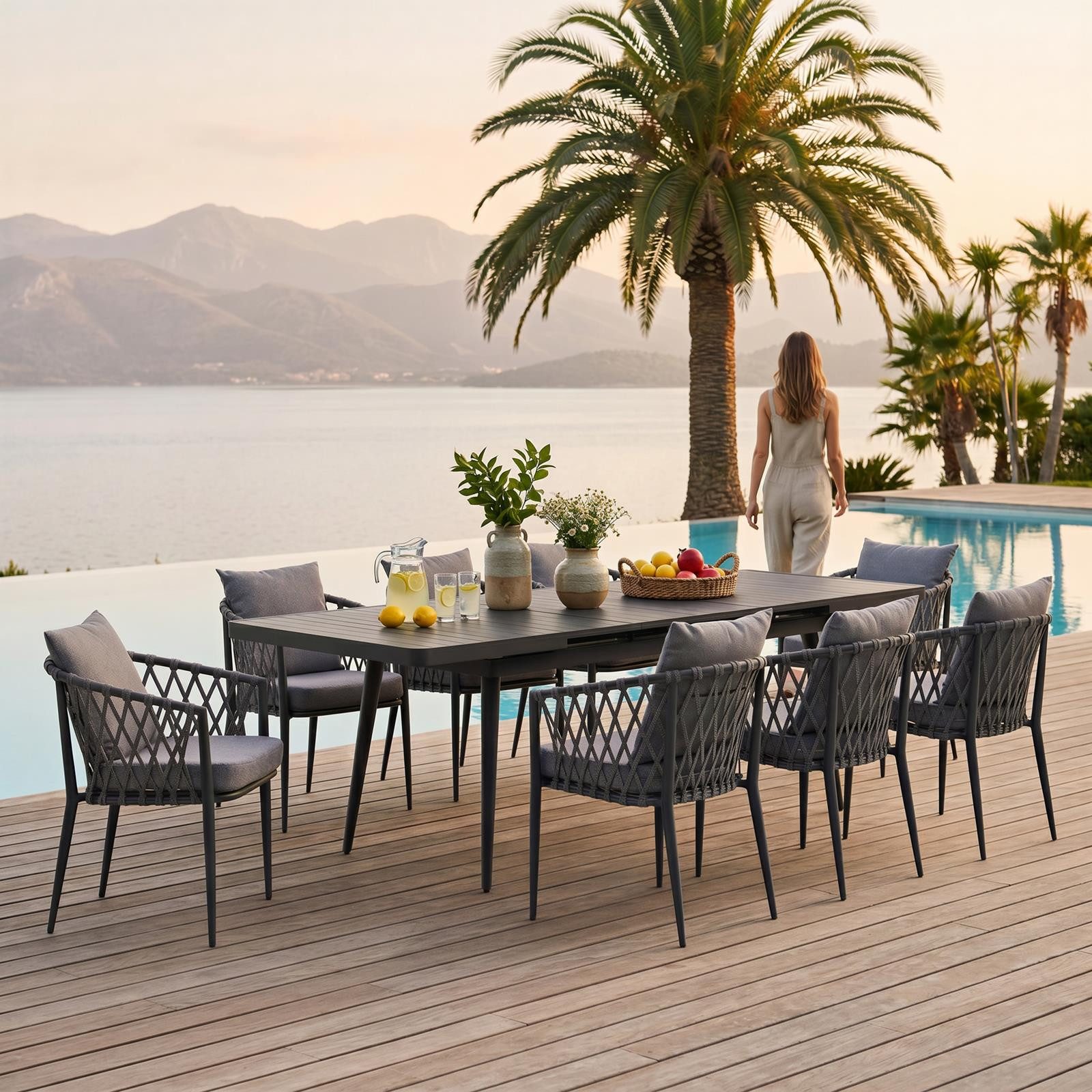 IDIMEX Garten-Essgruppe SUNNY, (9-tlg), Gartenmöbel Set mit 8 Stühlen & ausziehbarem Tisch schwarz/grau