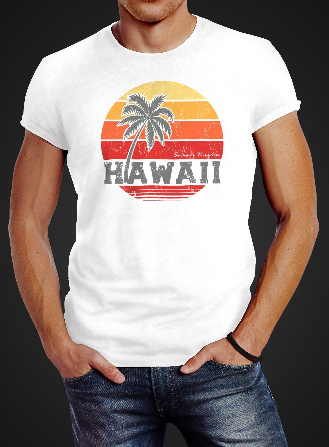 Hawaii Fit weiß Print Palme Neverless Slim Summer T-Shirt Neverless® Print-Shirt Baumwolle Retro Herren mit Tropical