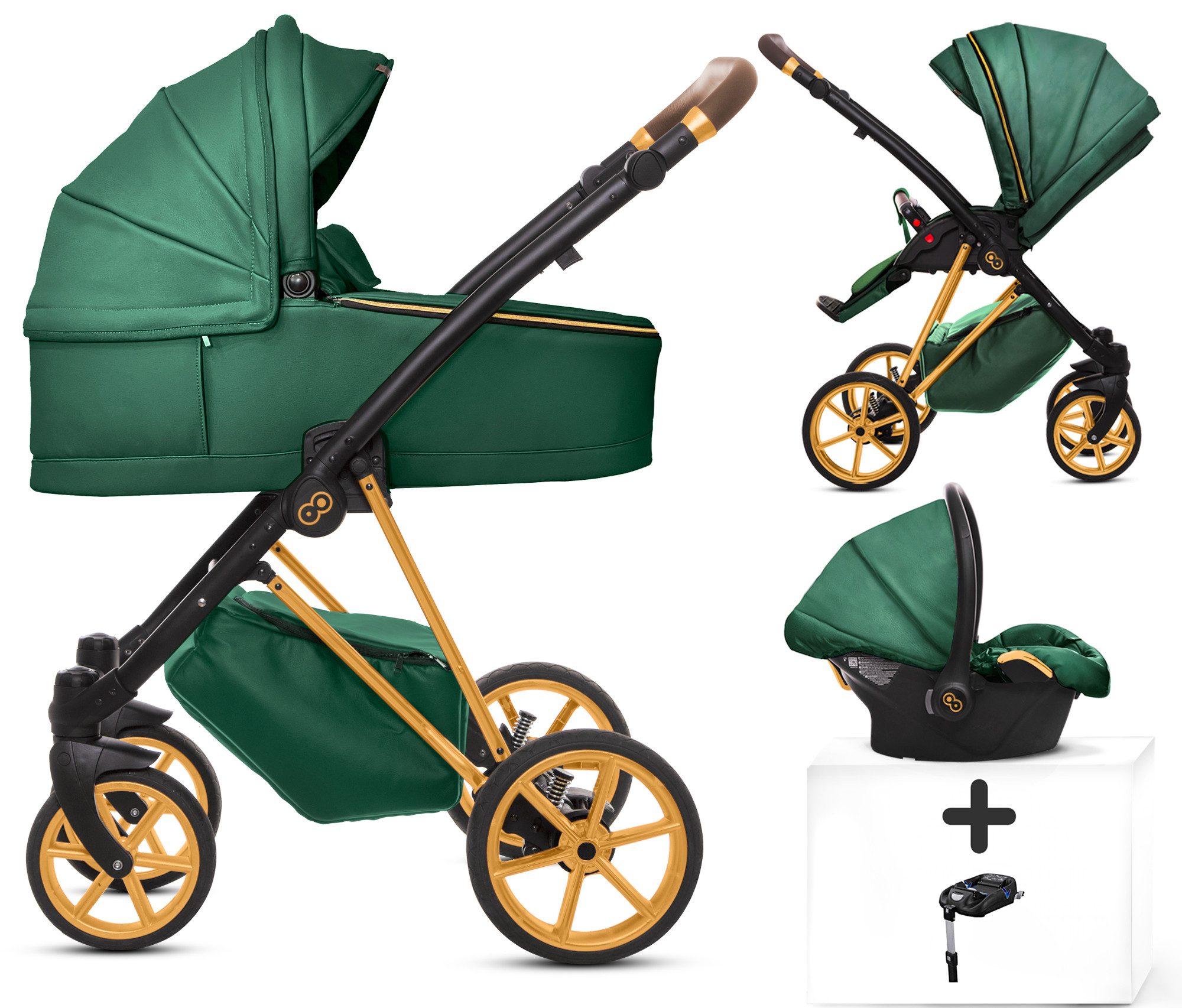 TPFFamily Kombi-Kinderwagen 4 in 1 Musse Royal, Baby Buggy Babywanne Autositz Isofix Basis, Zubehör-Set Kinderwagen 4 in 1 Kunstleder Grün, Gestell Gold