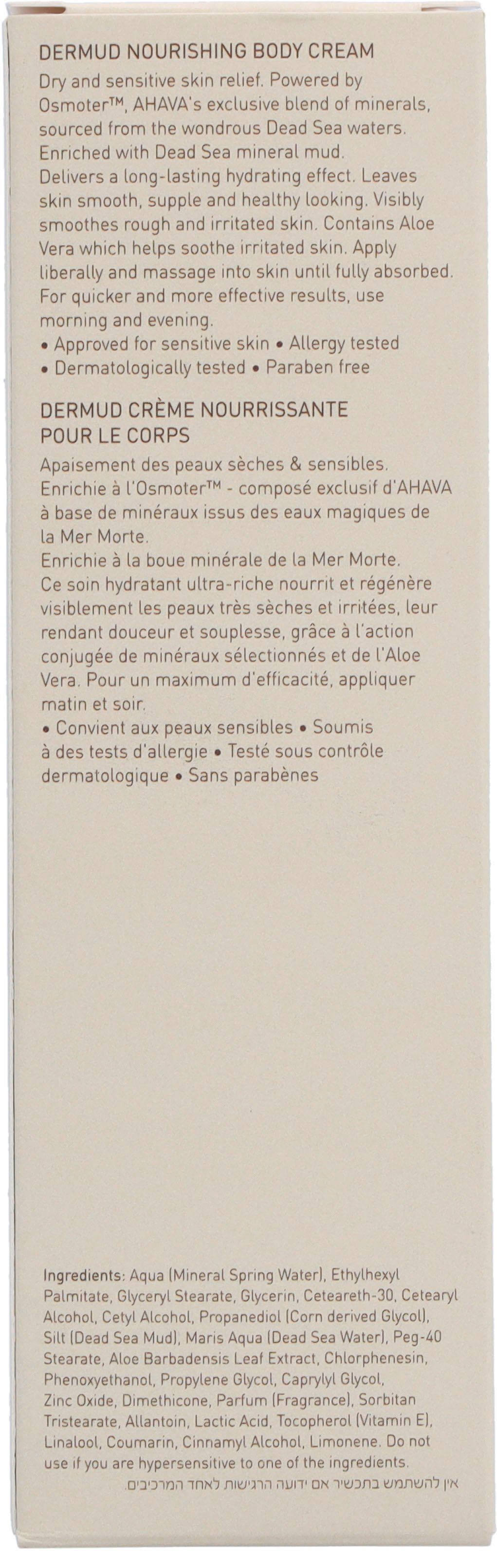 AHAVA Körpercreme Deadsea Mud Dermud Nourishing Body Cream, Mindert Spannung, Juckreiz und Rötungen, feuchtigkeitsspendend.