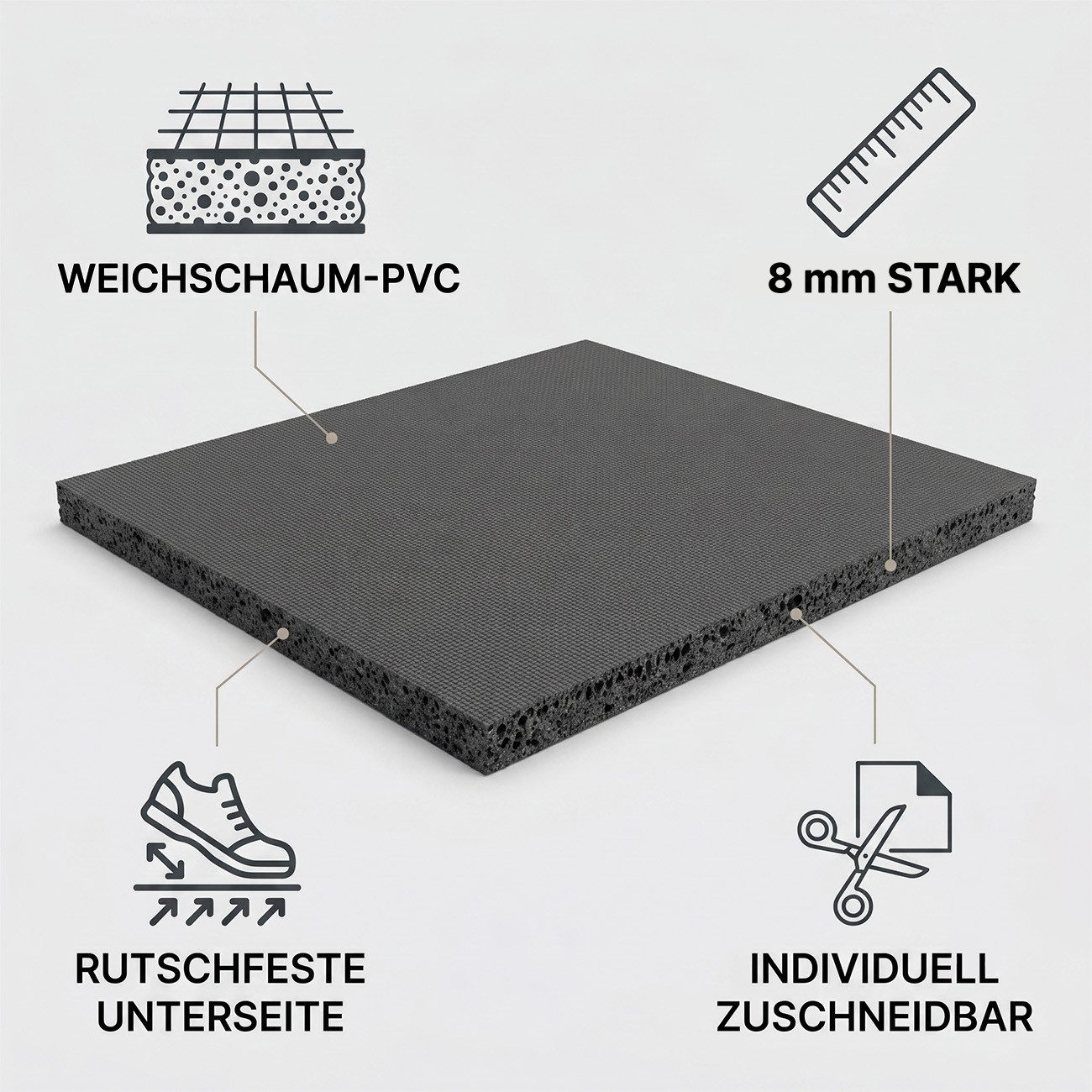 ANRO Fitnessmatte Globi Sport 8mm stark isolierend rutschfest, zuschneidbar, Spielmatte (Kein Set, 1-St., Einteilig), vibrations- und schalldämpfend Größe: 100x65cm Uni Grau