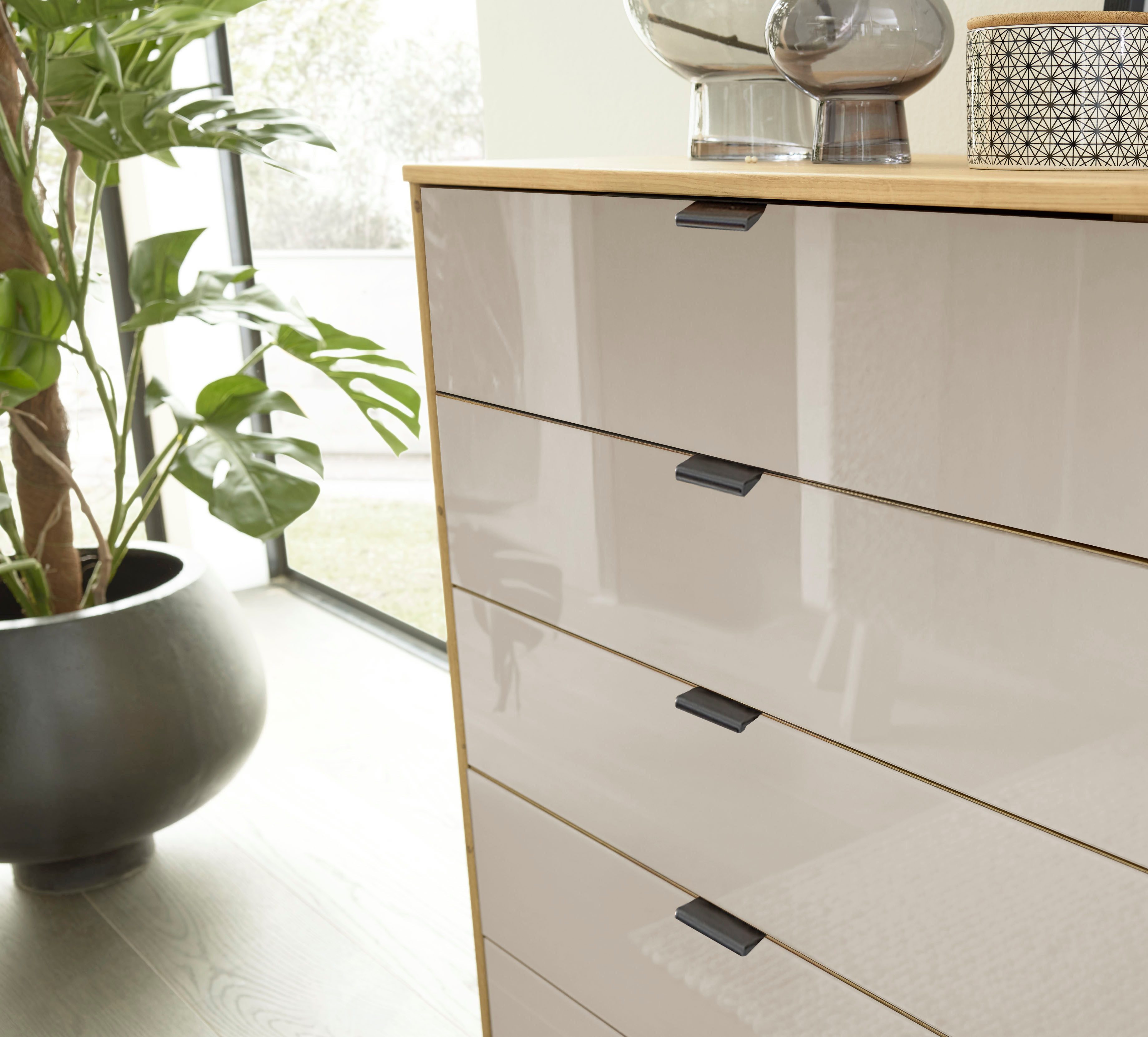 WIEMANN Schubkastenkommode Cardiff Sideboard, Wäscheschrank, teilmassiv Bianco-Eiche, Schubladen (Glas- oder Massivholzfront, verschiedene Breiten, MADE IN GERMANY), Schubkästen inklusive Selbsteinzug und Dämpfung