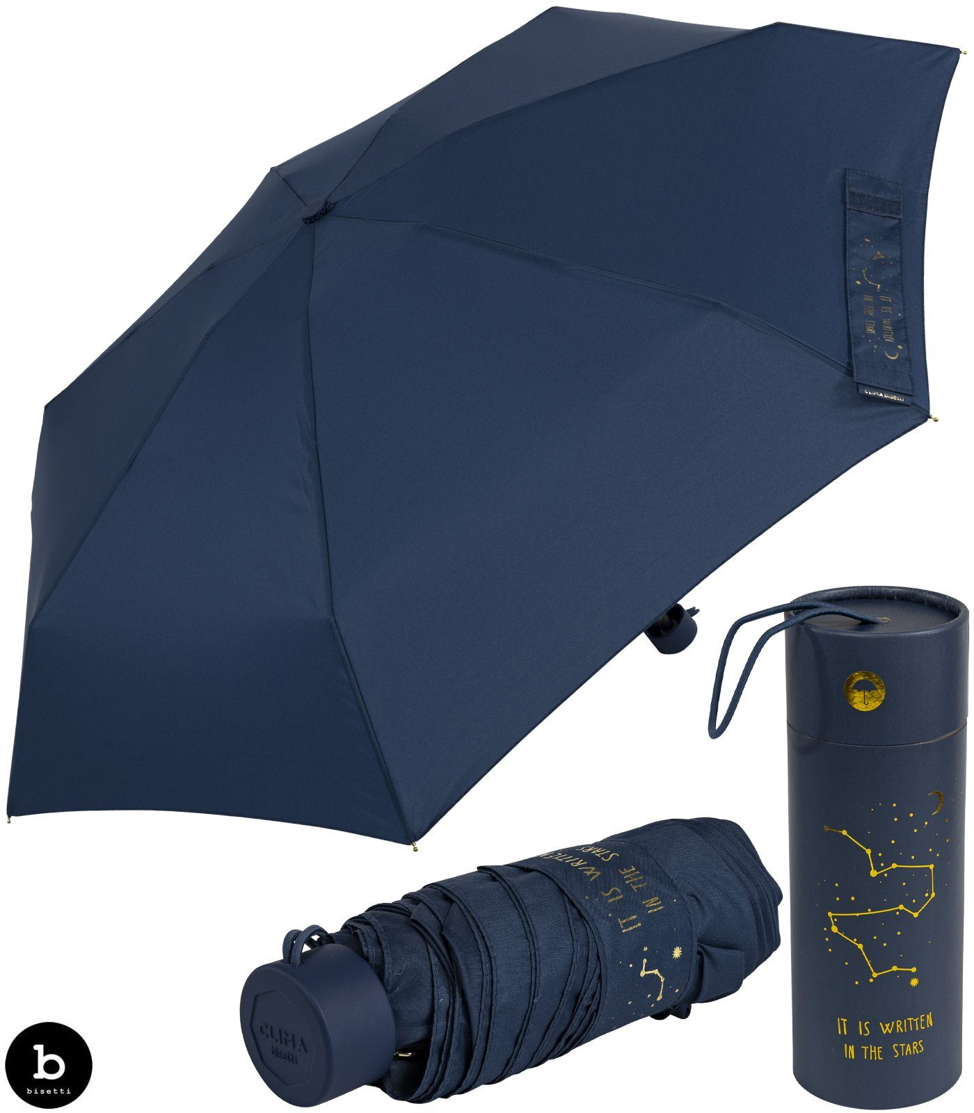 bisetti Taschenregenschirm Damen-Regenschirm, klein, stabil und kompakt, blau, mit goldenem Aufdruck auf dem Schließband