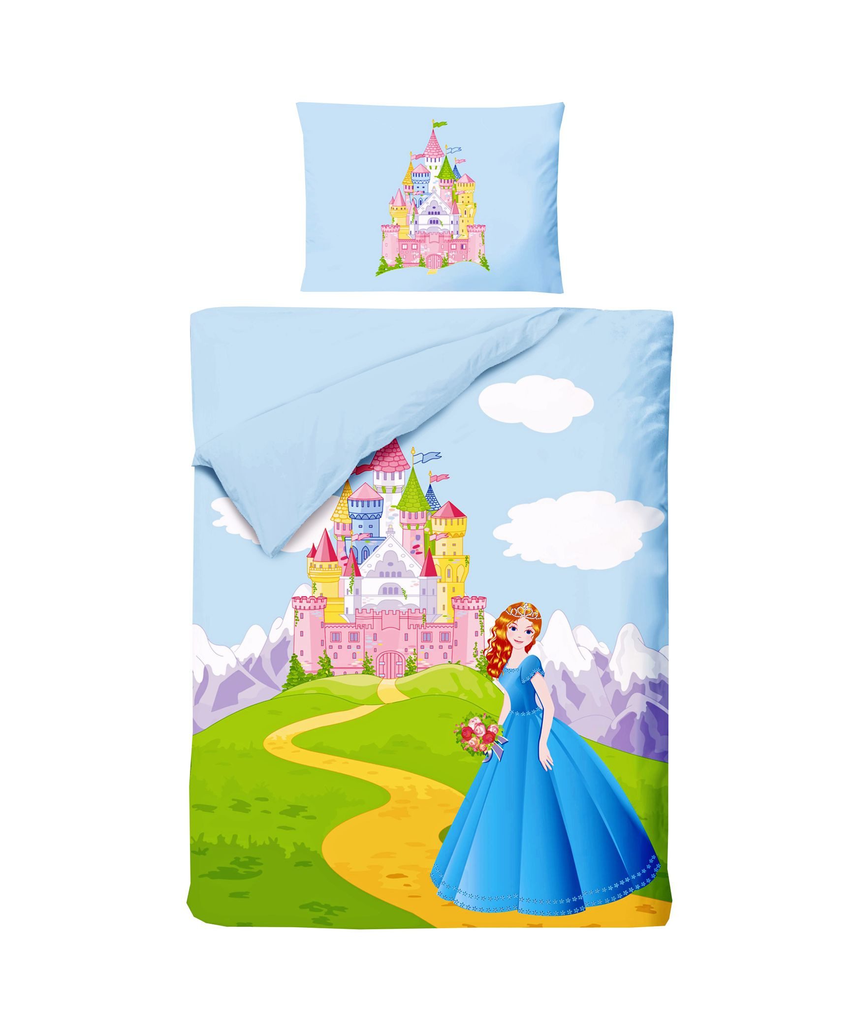 JACK Babybettwäsche 100x135cm Prinzessin Schloss Berge, Renforcé, 2 teilig, märchenhafte Babybettwäsche, Schloss in den Bergen mit Reißverschluss