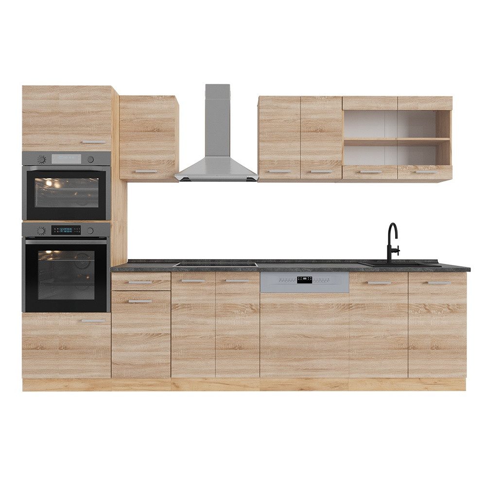 Vicco Küchenzeile R-Line, Sonoma/Goldkraft Eiche, 300 cm mit Hochschrank, AP Anthrazit