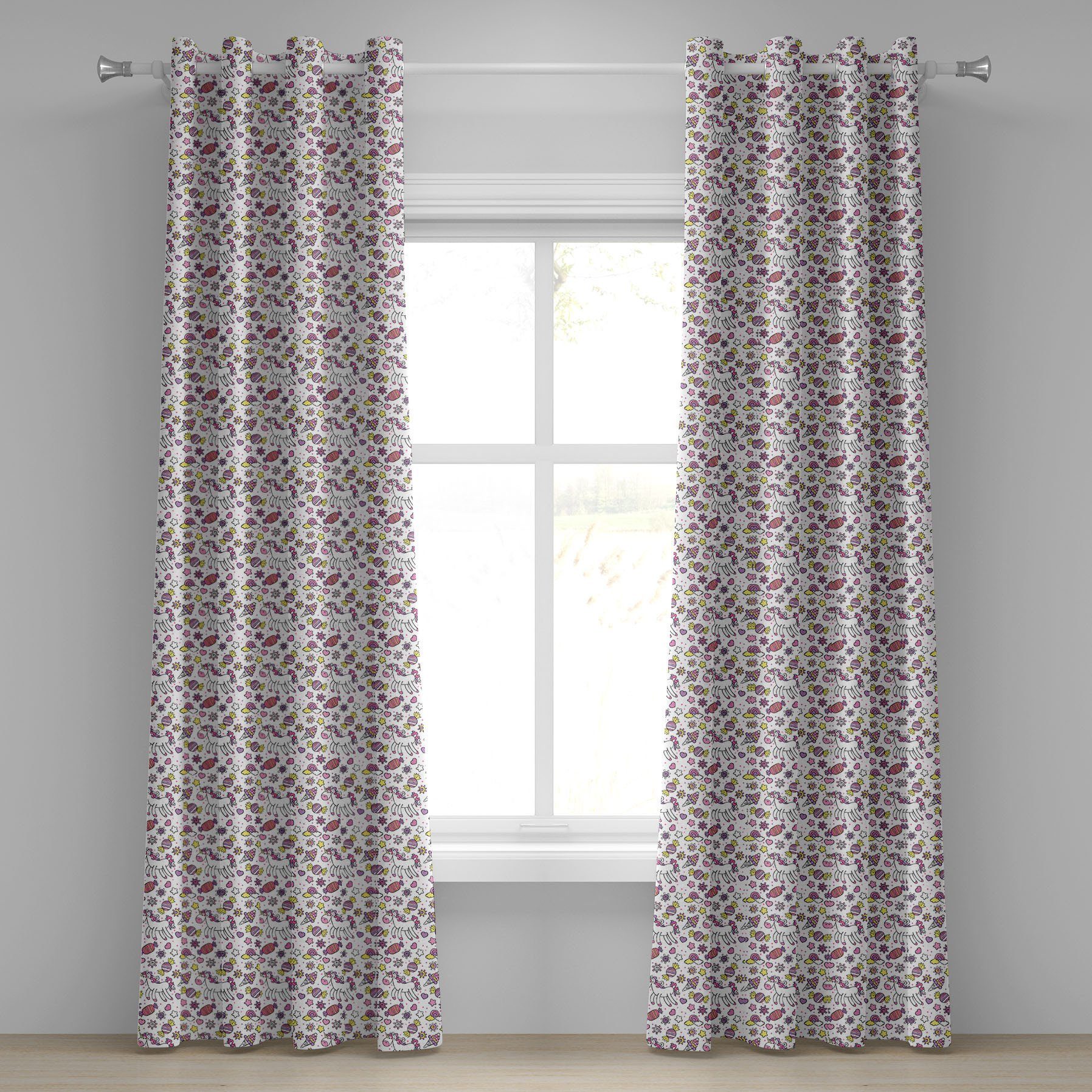 Einhorn 2-Panel-Fenstervorhänge Unicorn Dekorative Abakuhaus, Sterne Schlafzimmer Süßigkeiten Wohnzimmer, Gardine für