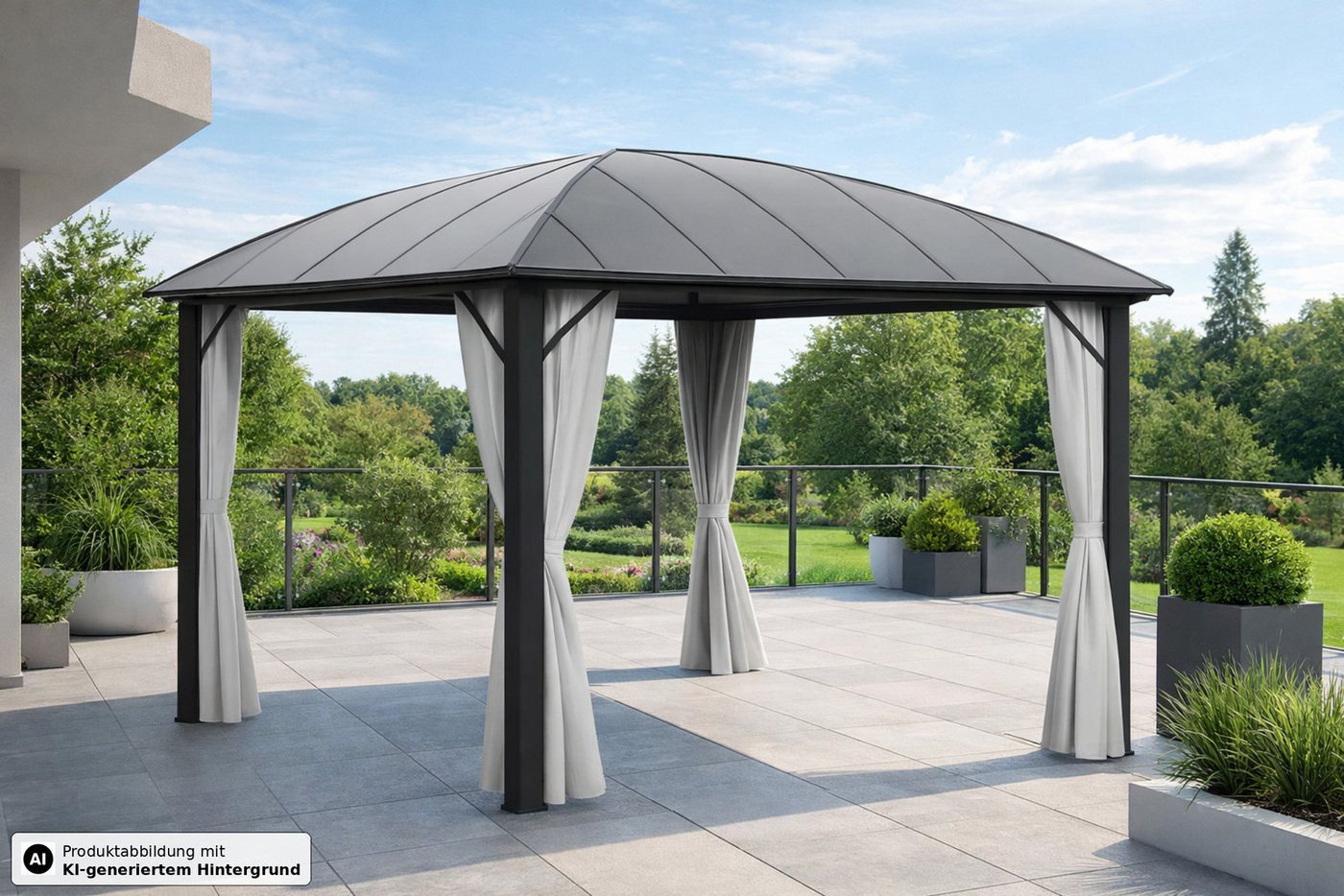 Leco Pavillon LECO Kuppeldach-Pavillon Hardtop 3,65 x 3,65 m Anthrazit - sehr stabil, mit 4 Seitenteilen, (mit Seitenteilen Polyester lichtgrau), 365x 365cm, Gartenpavillon, Hardtop Pavillon, Pavillon 365x365cm