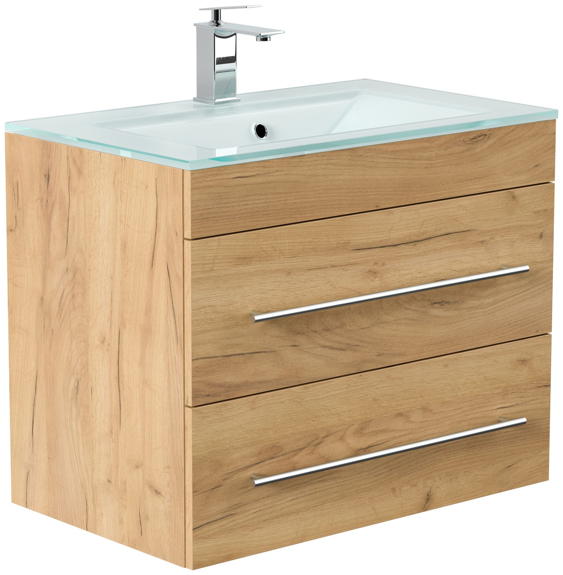 Magnolia Home Waschtisch Badmöbel Vitro 750 mit Glaswaschbecken SoftClose eiche gold
