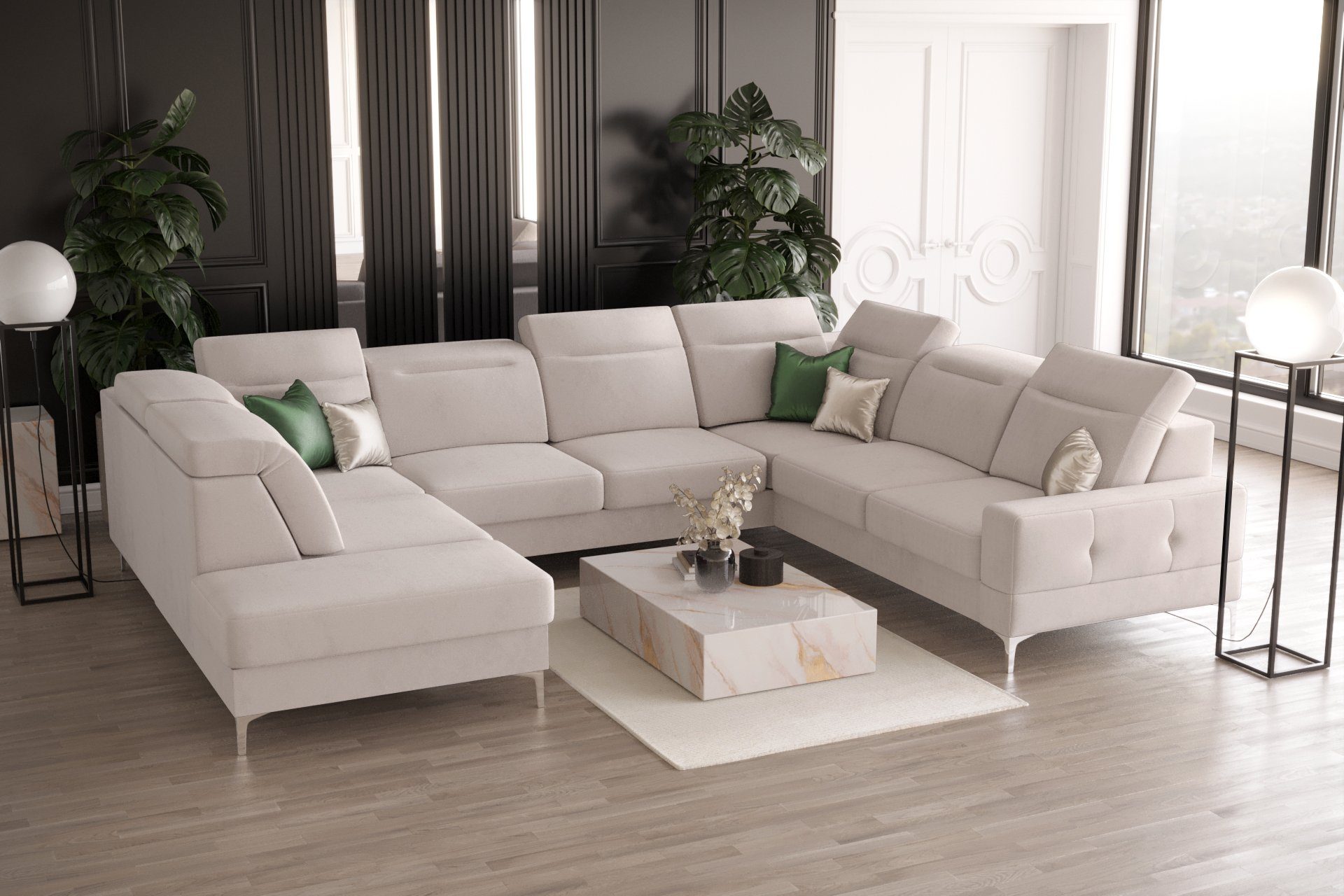 in verstellbare Kopfstützen Möbel Bettkästen, für Wohnlandschaft Veloursstoff Schlaffunktion, 17 XXL Dich U-Form, 2 Max1 Malibu beige Element