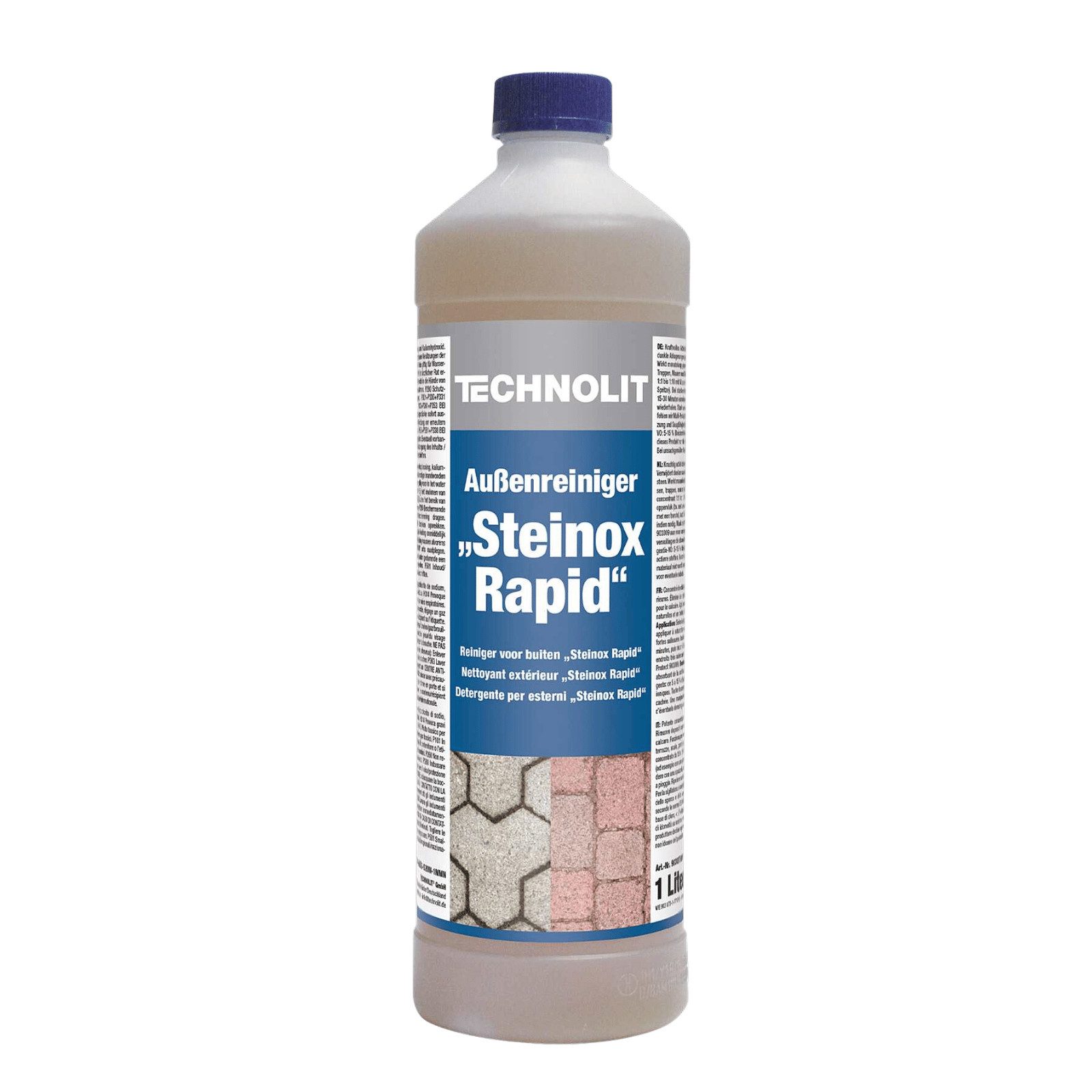 TECHNOLIT® Steinox Rapid Außenreiniger mit Aktivchlor 1L Grünbelagentferner (Entfernt Grünbelag, Verfärbungen, Ablagerungen, Säurefrei Kraftreiniger für Steinbeläge, Terrassen, Mauern)