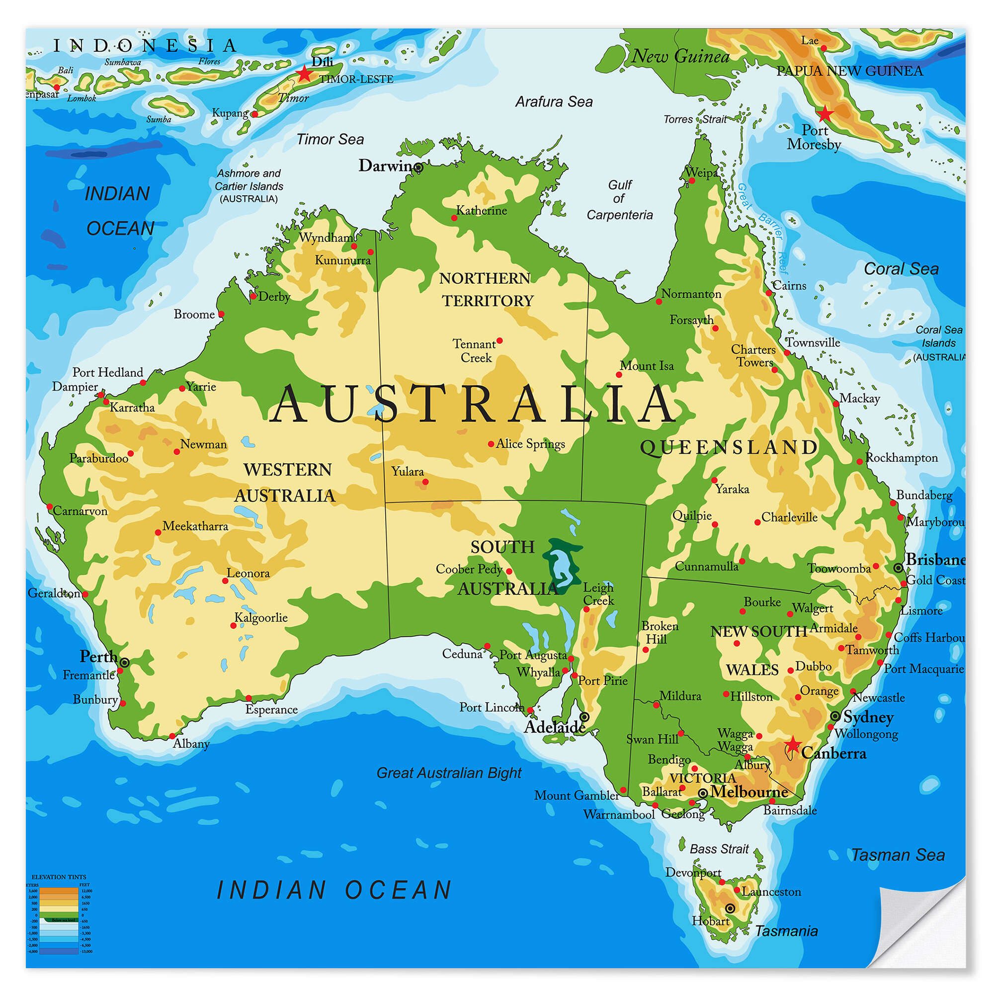 Posterlounge Wandfolie Editors Choice, Australien - Topographische Karte (Englisch), Wohnzimmer Illustration