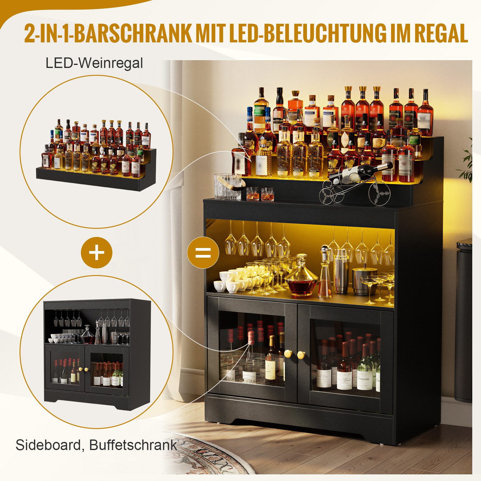 PEALOV Barschrank mit RGB-LED-Beleuchtung, Weinschrank mit Weinglashalter und Glastüren (1-St) 3-stöckiges Flaschenregal, Küchenschrank, Pantryschrank, 79,8x108 – Bild 4 von 5