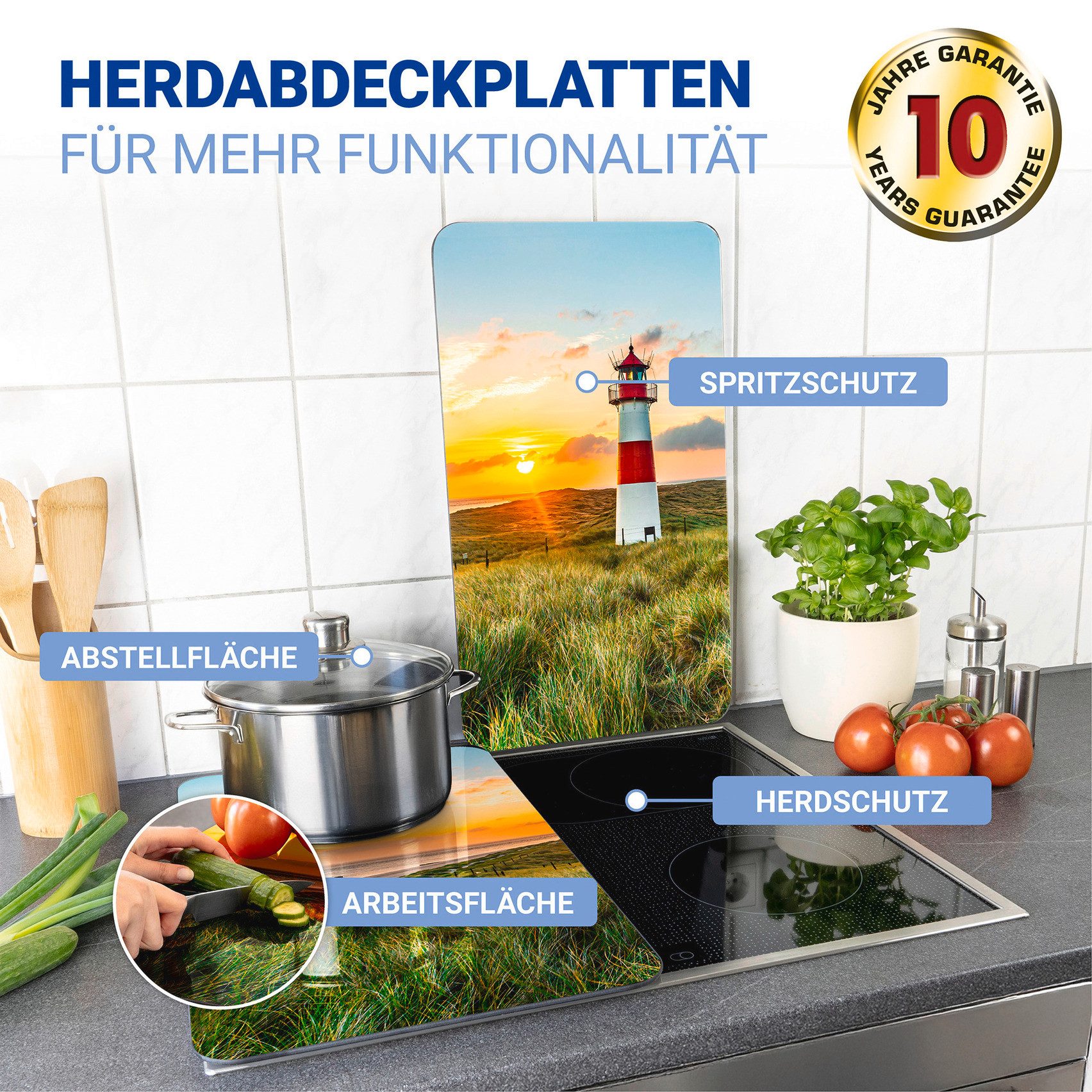 WENKO Herd-Abdeckplatte Universal Modell Leuchtturm, Glas, (Set, 2 tlg), Herdabdeckung für alle Herdarten, kratzfest, mit rutschfesten Füßen