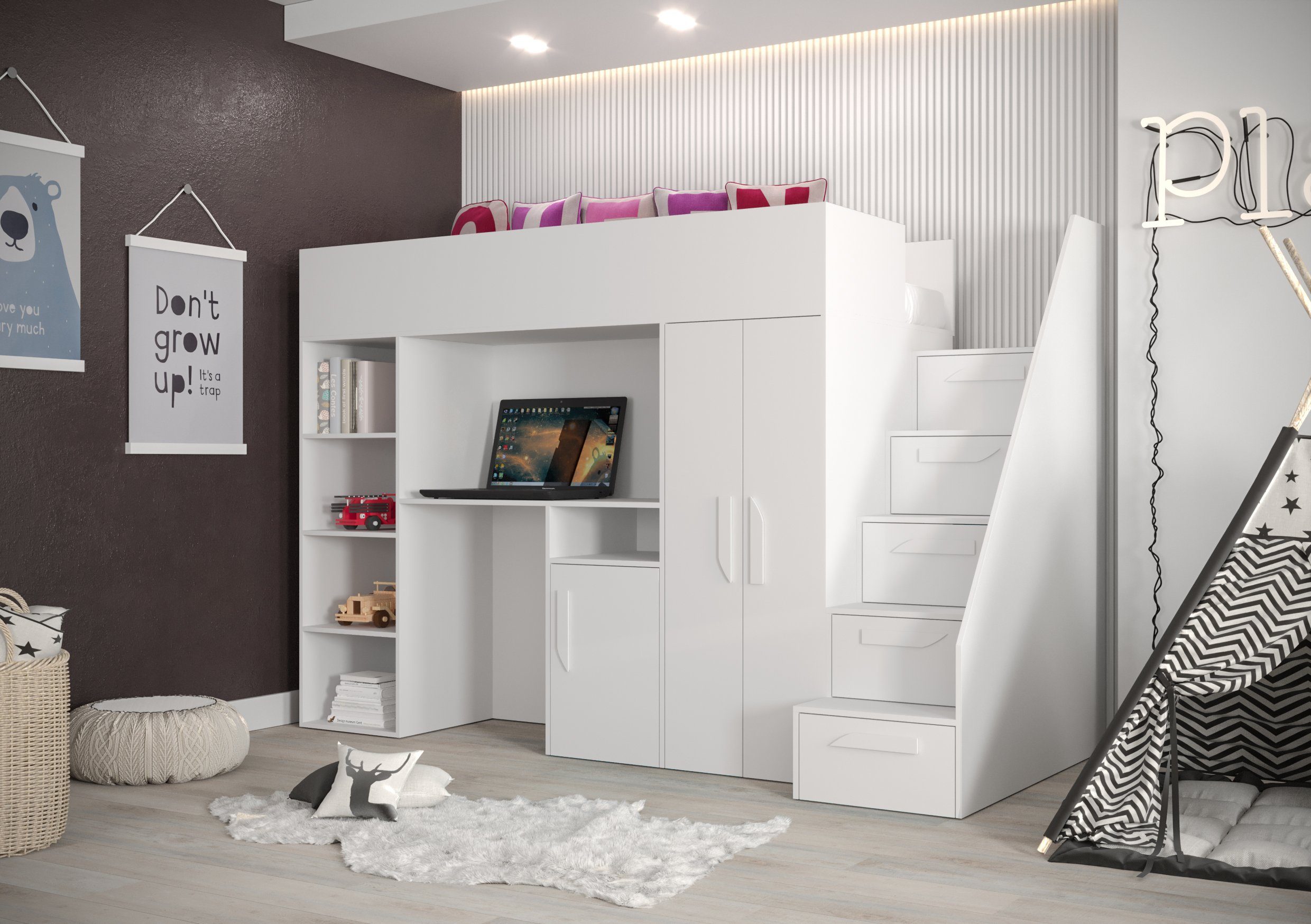Unique Home Hochbett Kinderbett PAR 14, Inkl. Schreibtisch, Kleiderschrank und Treppe Farbe wählbar Weiß/Weiß