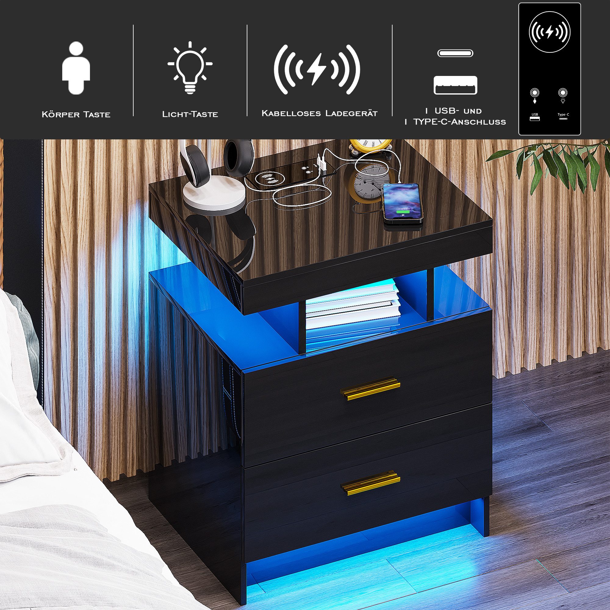 LVifur Nachttisch mit LED-Licht und Sensor, 2 Schubladen, USB&Type-C, kabelloses Laden (1-St), 3 Farben Dimmbares Licht, 40T x 50B x 58H cm, Hochglanz Schwarz