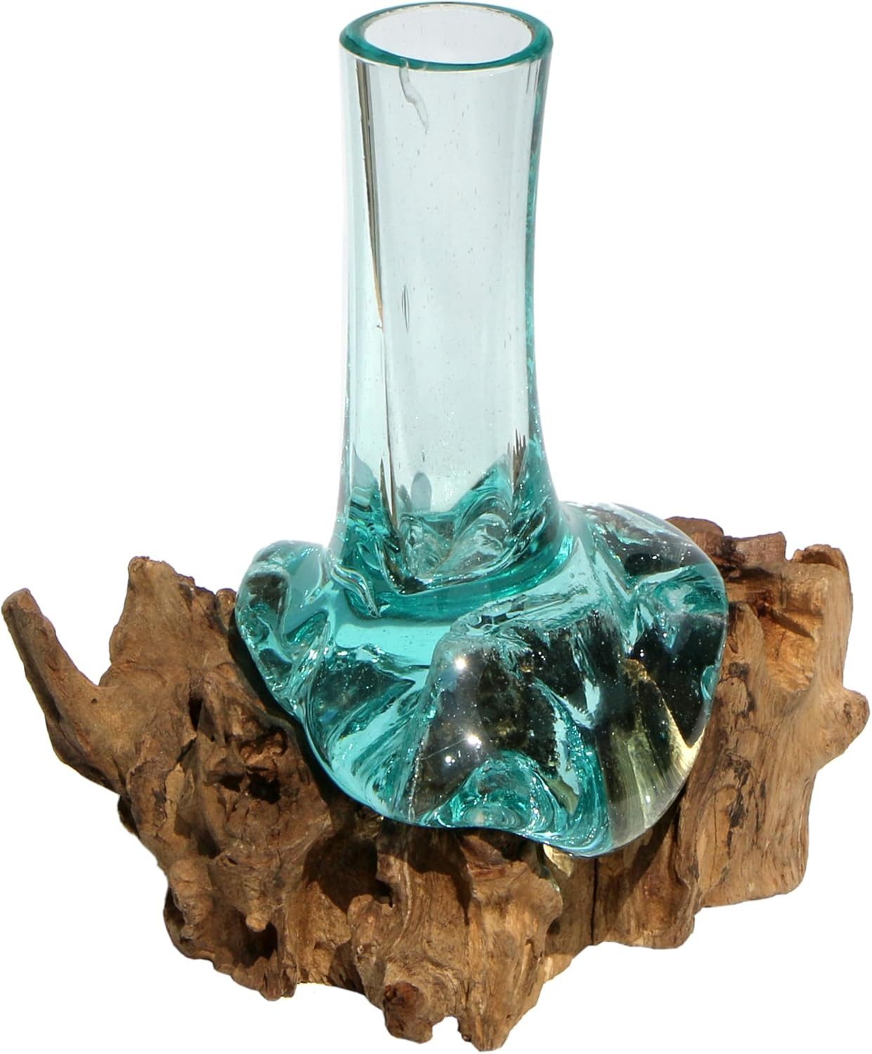 Wogeka Dekovase Glas-Vase 20cm auf Wurzelholz Kanne Teakholz Gamal Bali günstig online kaufen
