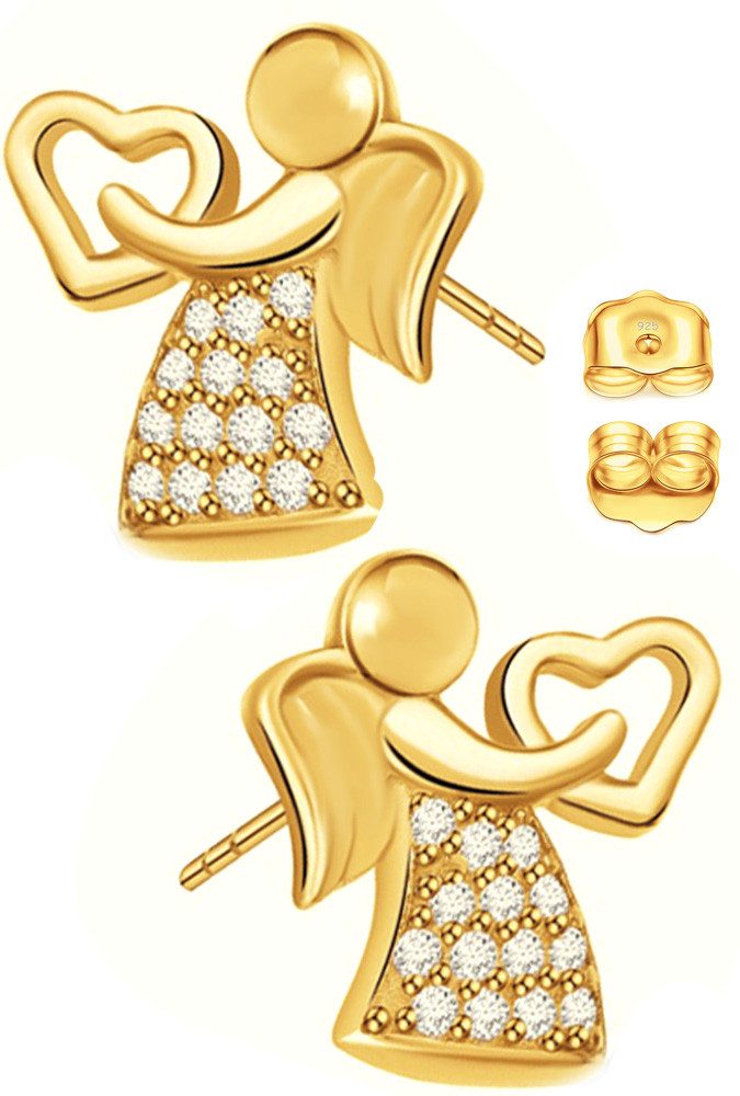 Limana Paar Ohrstecker 925 Silber Engel Herz Gold vergoldet Kinder Mädchen Damen Ohrringe (Weihnachtsgeschenk Kinderohrringe, Schmuck inkl. Schmuckbox), Geschenk Ostern Weihnachten Geburtstag Schulanfang Einschulung
