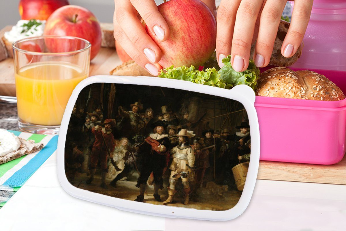 rosa Alte Lunchbox Snackbox, (2-tlg), Die Kunst Mädchen, Kinder, MuchoWow - Meister für - Nachtwache Rembrandt, Kunststoff, Brotdose - Erwachsene, Brotbox Kunststoff