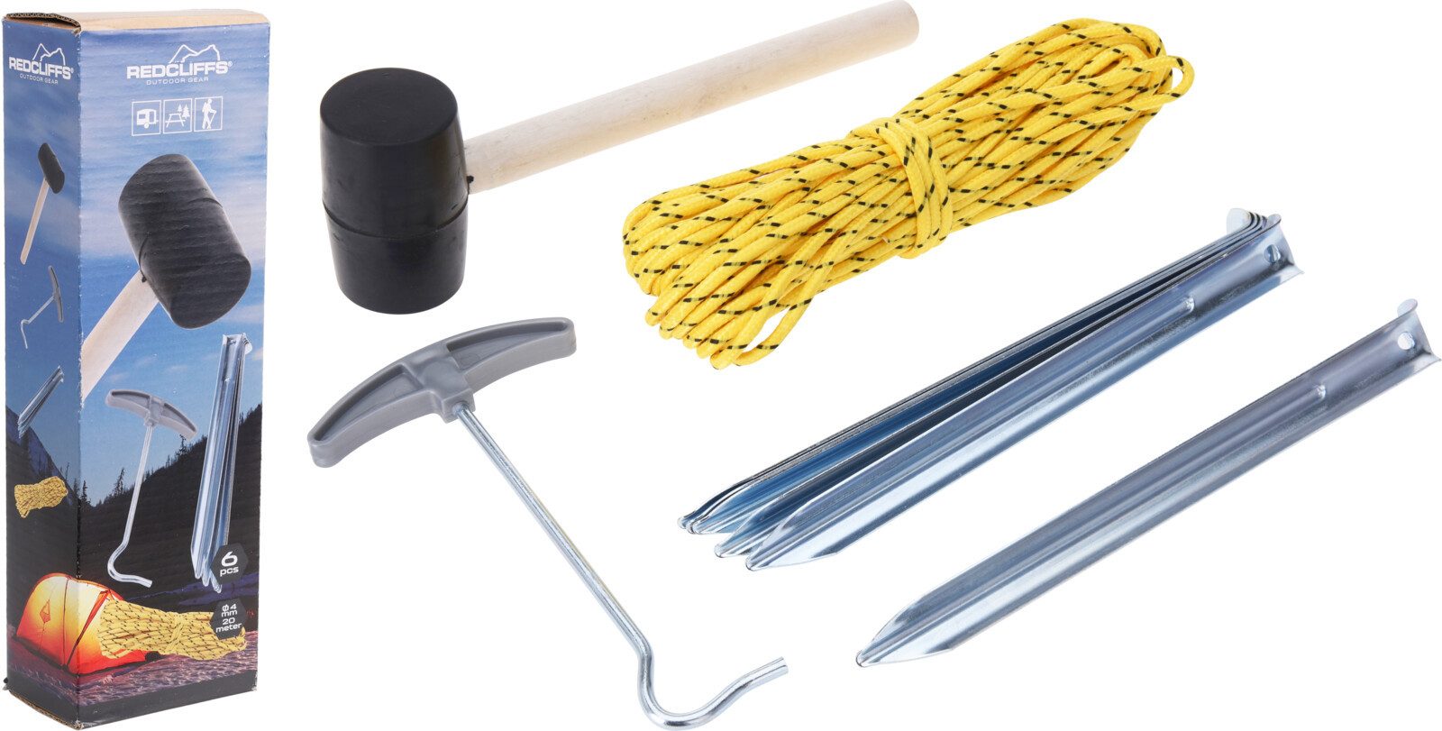 Koopman Zelthering Abspannset Zelthering Abspannseil Gummihammer 9tlg, (Set, 9-St., Packung), Campingset, Hering, 20m Seil, Spann / Zughaken – Bild 4 von 4