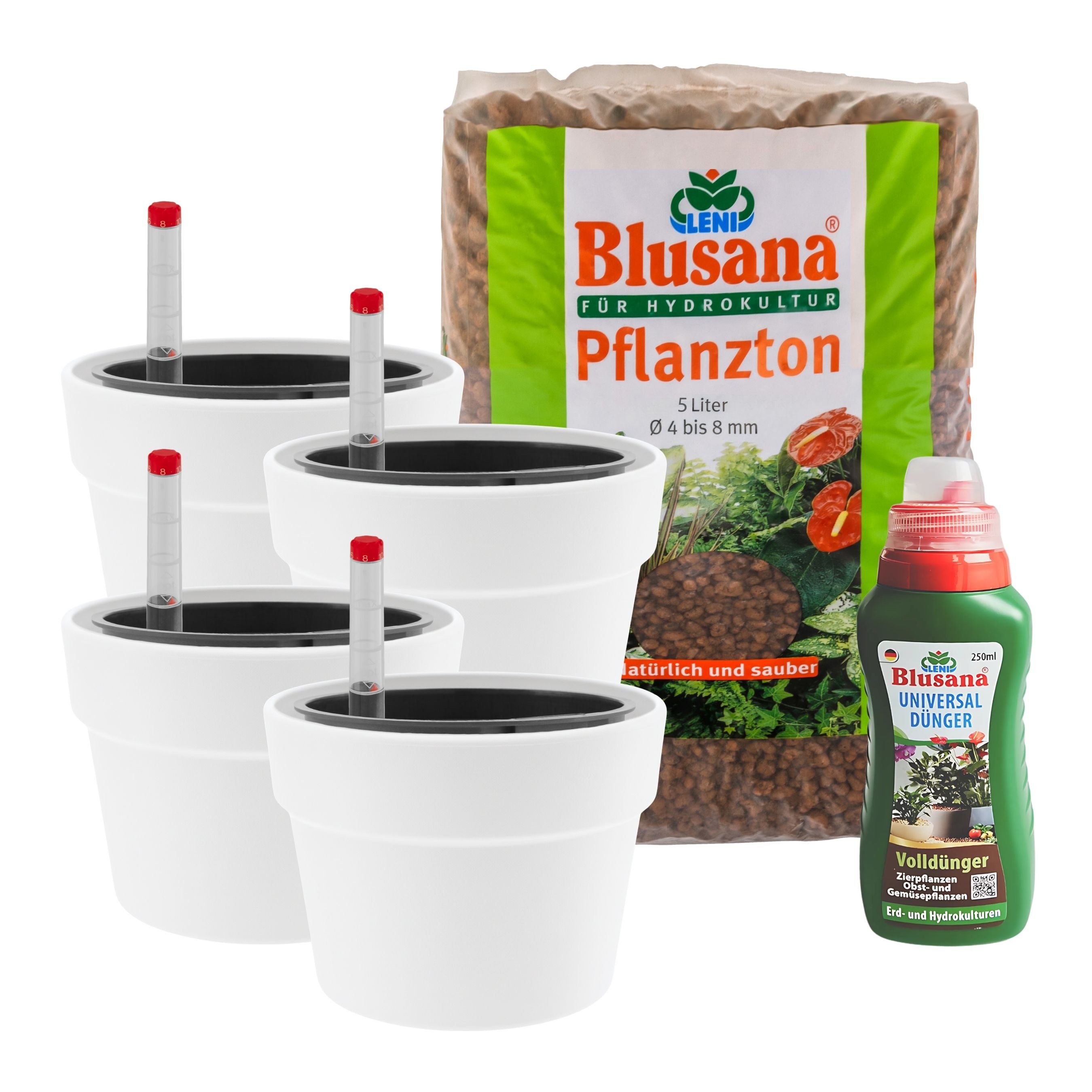 LENI Blumentopf "Classic" Hydrokultur Komplett-Set Selbst-Bewässerungssystem (Hydrokultur-Set, 4 St., Übertopf, Kulturtopf, Gießanzeige + 1 x 5L Substrat & 1L Dünger), Wasserdichtes Pflanzgefäß für Indoor & Outdoor